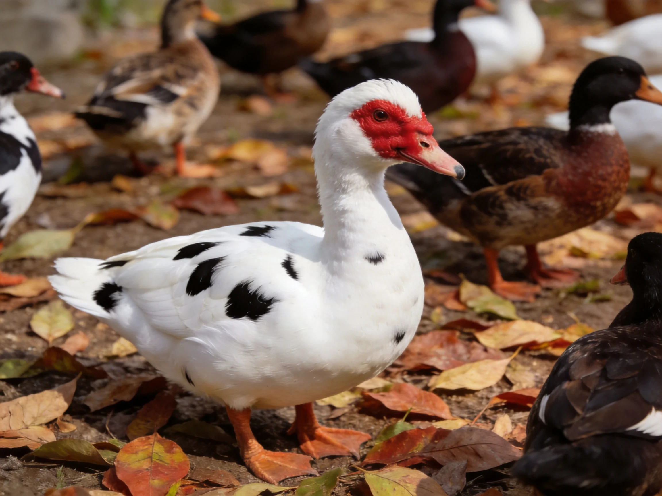 Ducks with diverse feather patterns on leaf-strewn ground