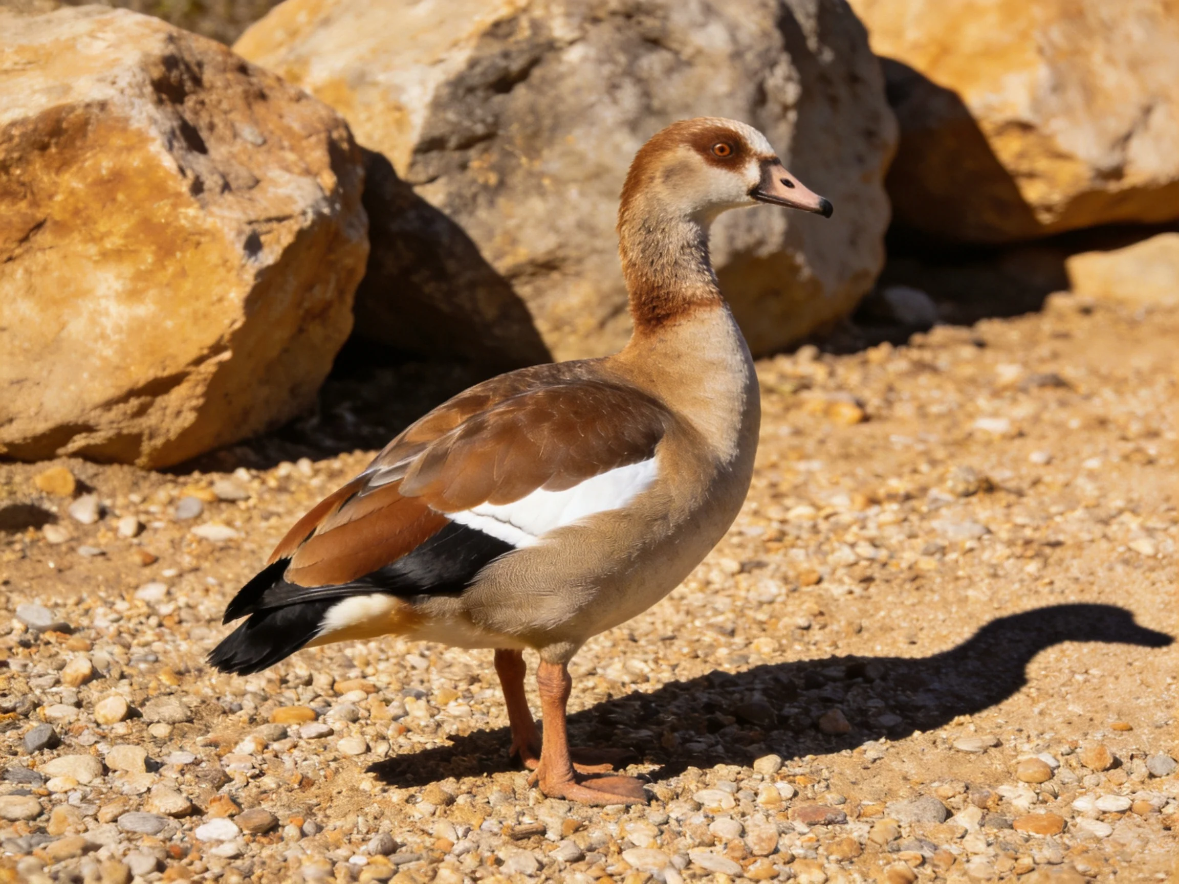 Egyptian goose stands on gravel near large brown rocks