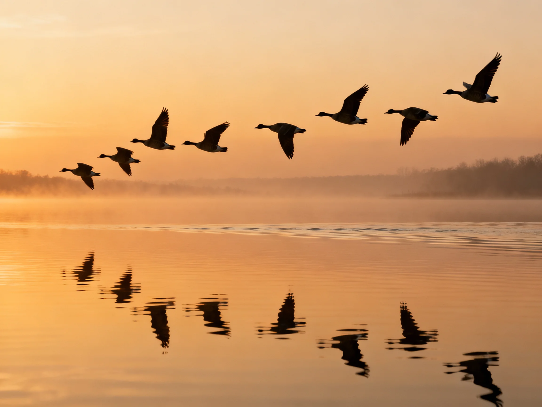 Eight birds silhouetted flying over misty lake at golden hour