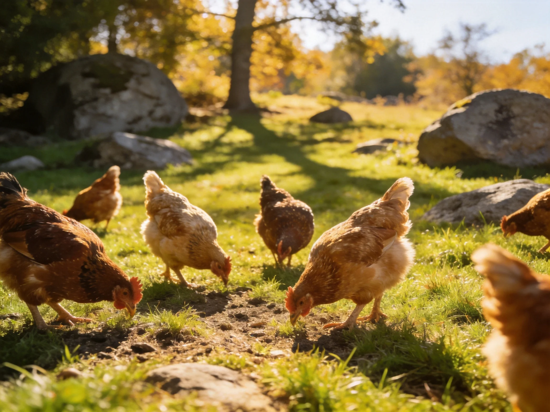Eight brown chickens pecking in a sunlit grassy field with large rocks