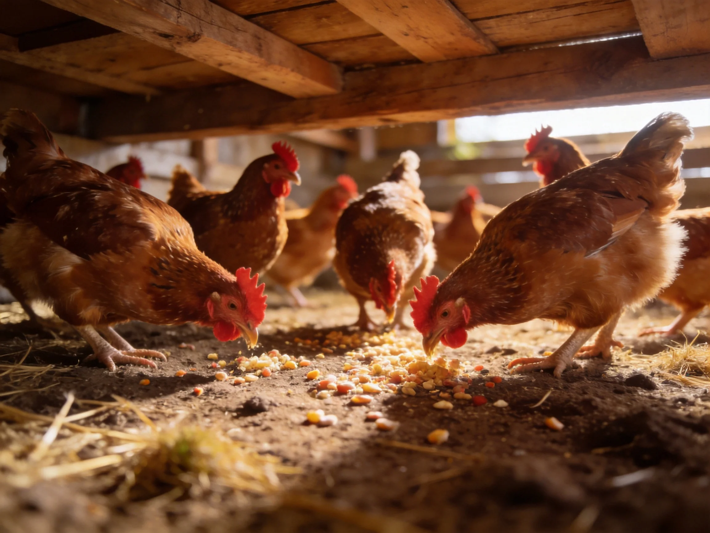 Eight brown hens pecking seeds beneath a wooden shelter