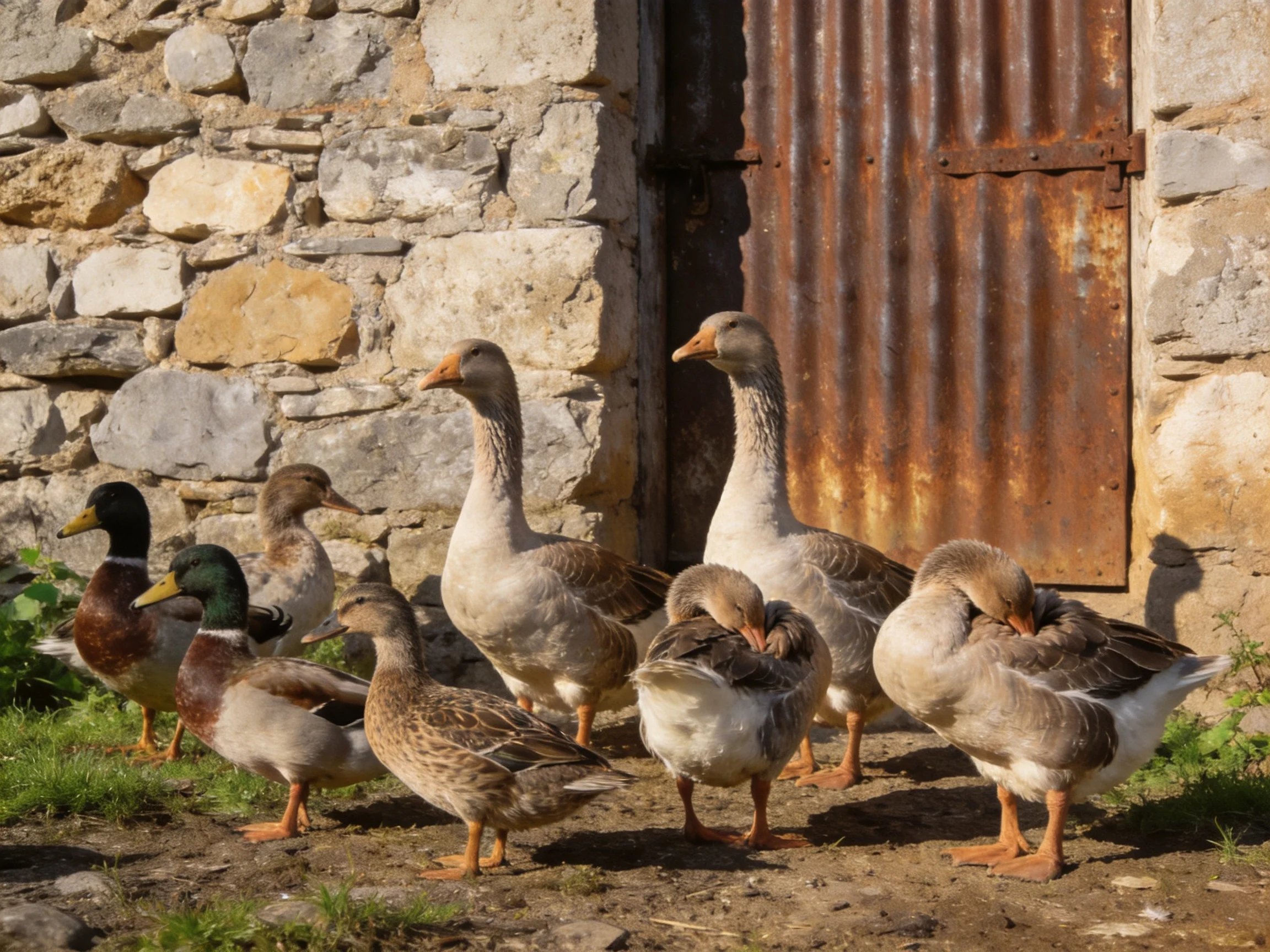 Eight mixed-breed waterfowl near a stone wall with a rusted door