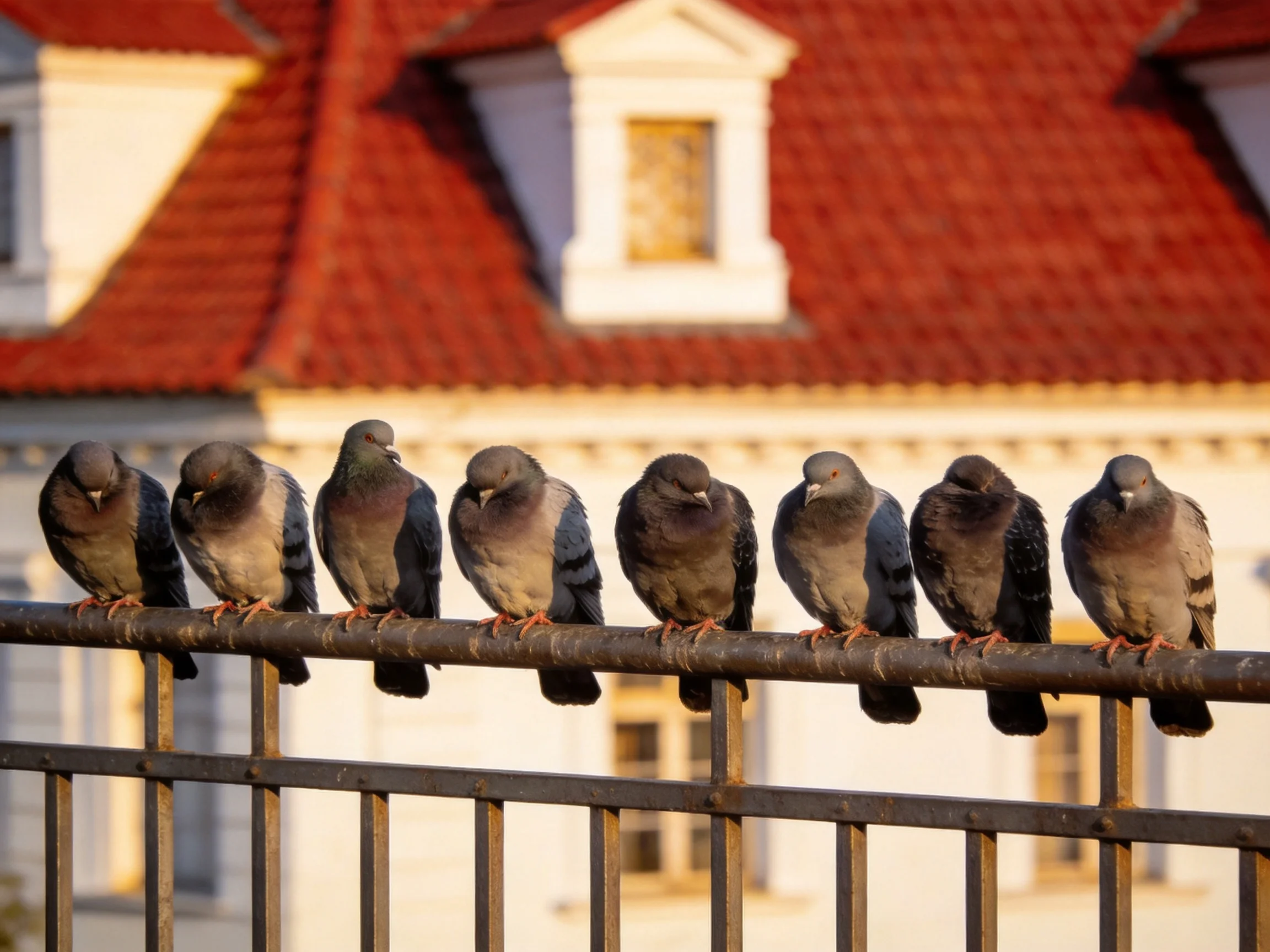 Eight pigeons perch on a metal railing beside a red-tiled building