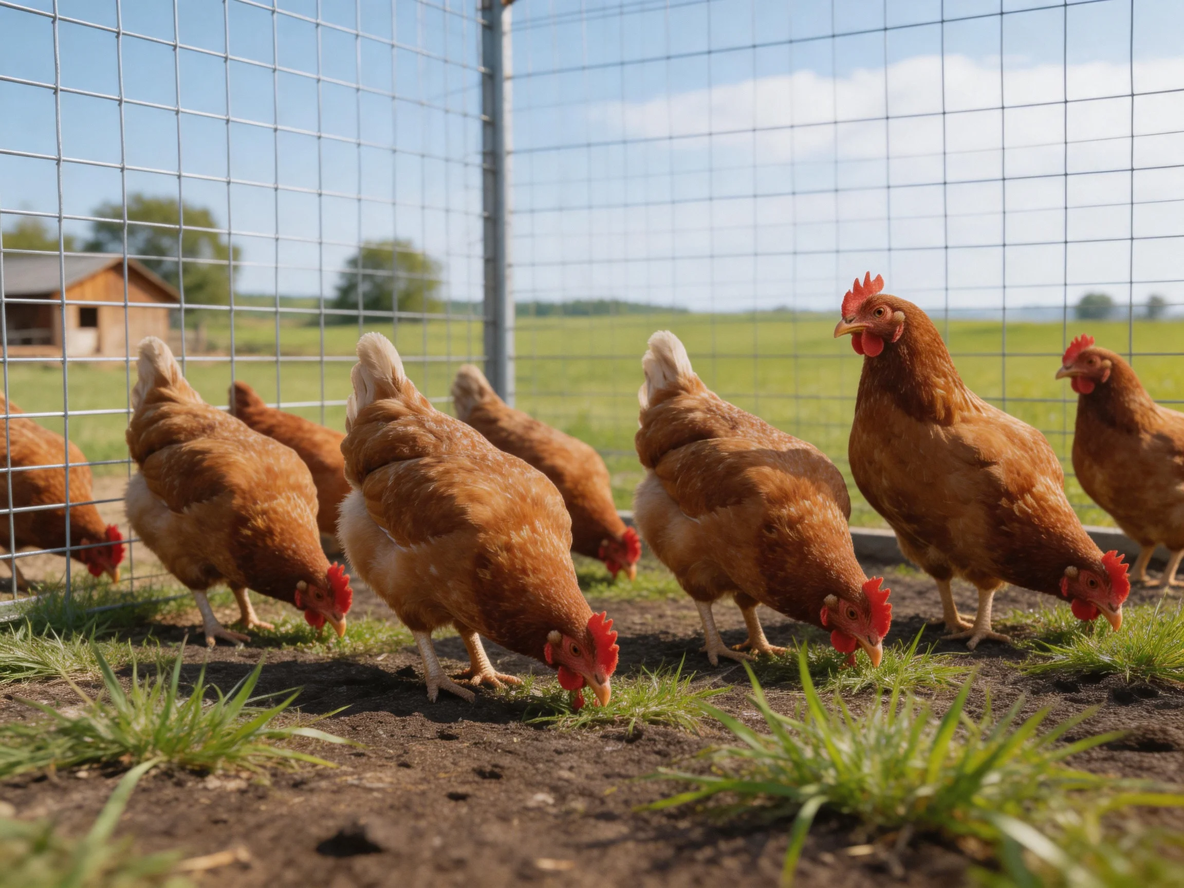 Eight reddish-brown chickens pecking near a metal fence in a sunny field