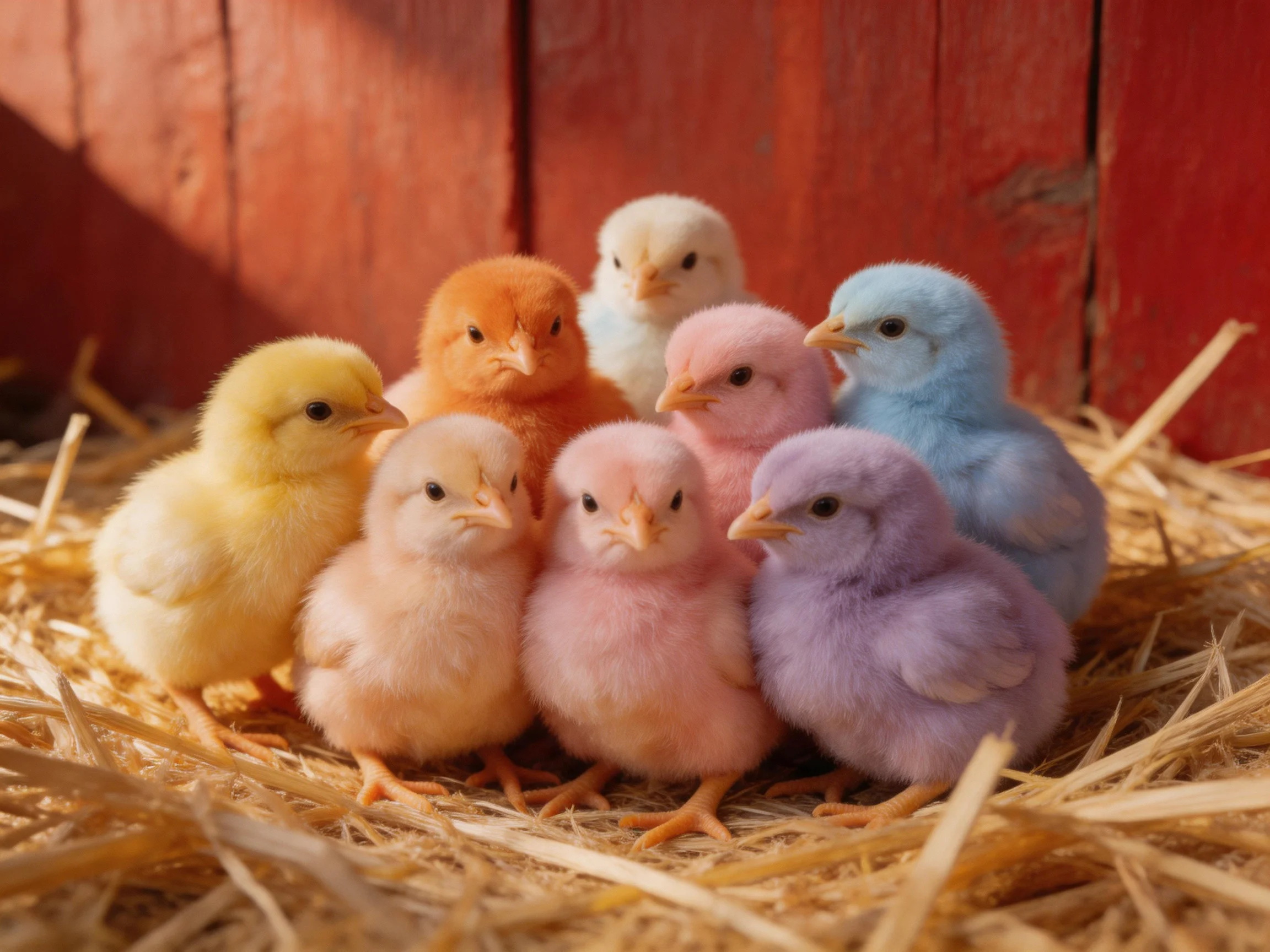 Eight vibrantly colored baby chicks gathered in straw beside a red wooden structure