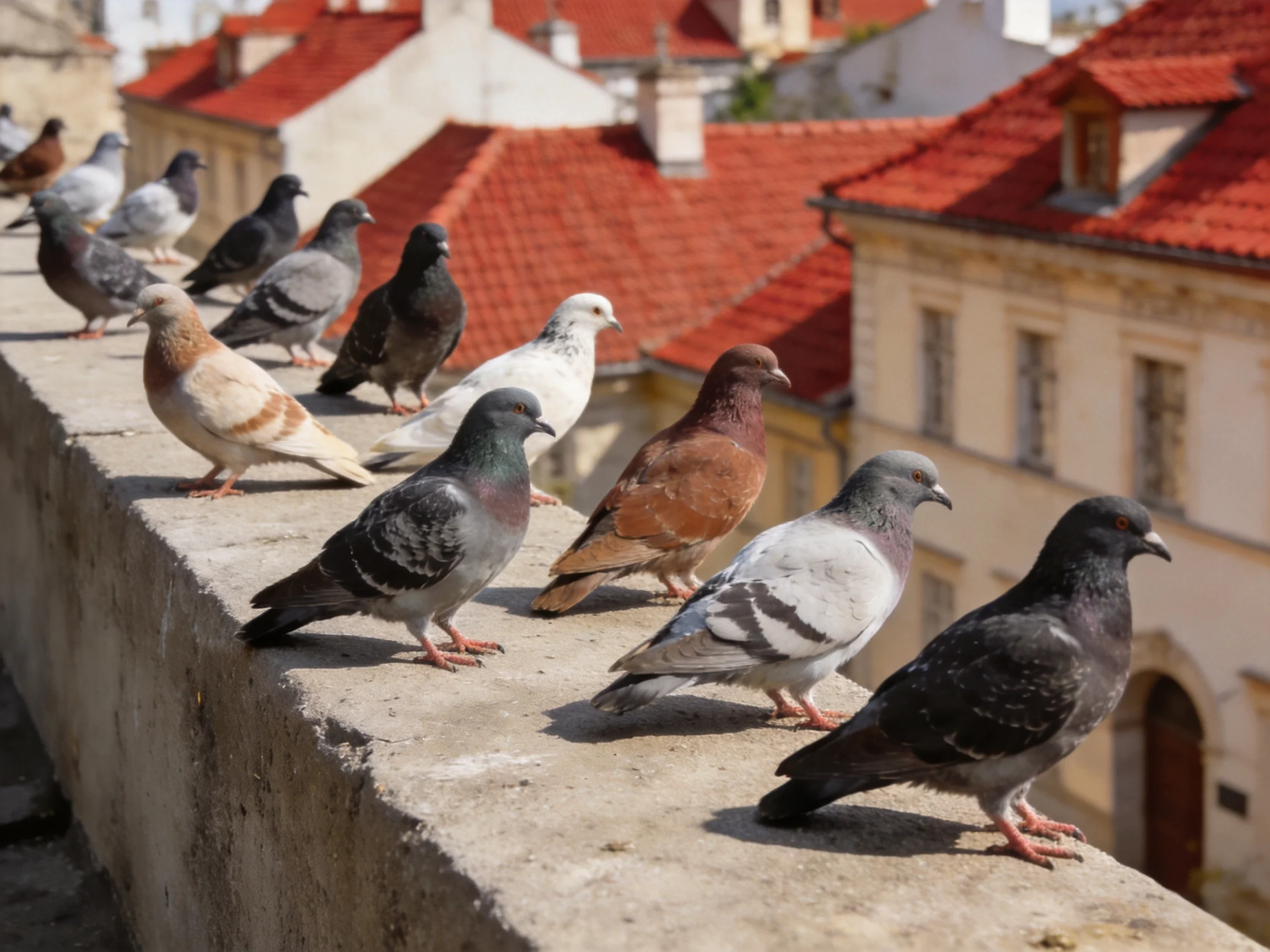 Fifteen pigeons of multiple colors sit on a stone ledge beside red-roofed buildings