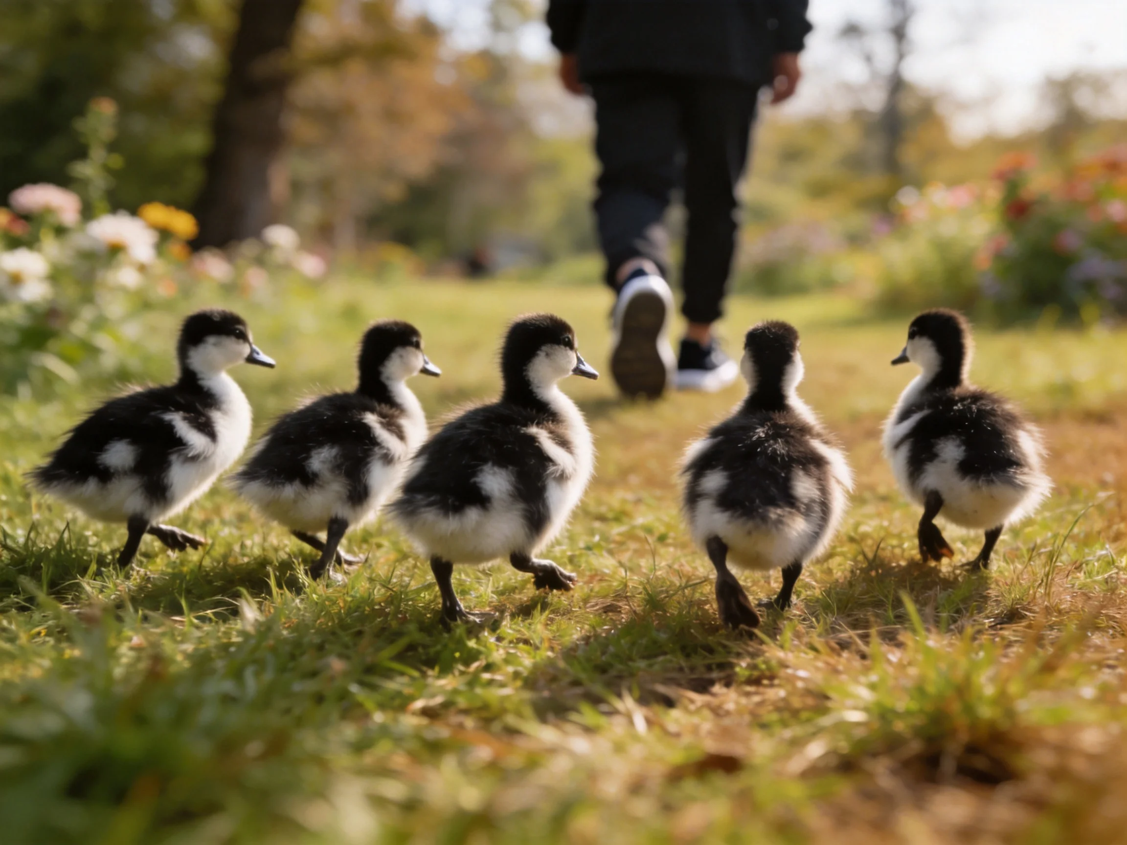 Five black-and-white ducklings follow a person along a sunlit grassy path
