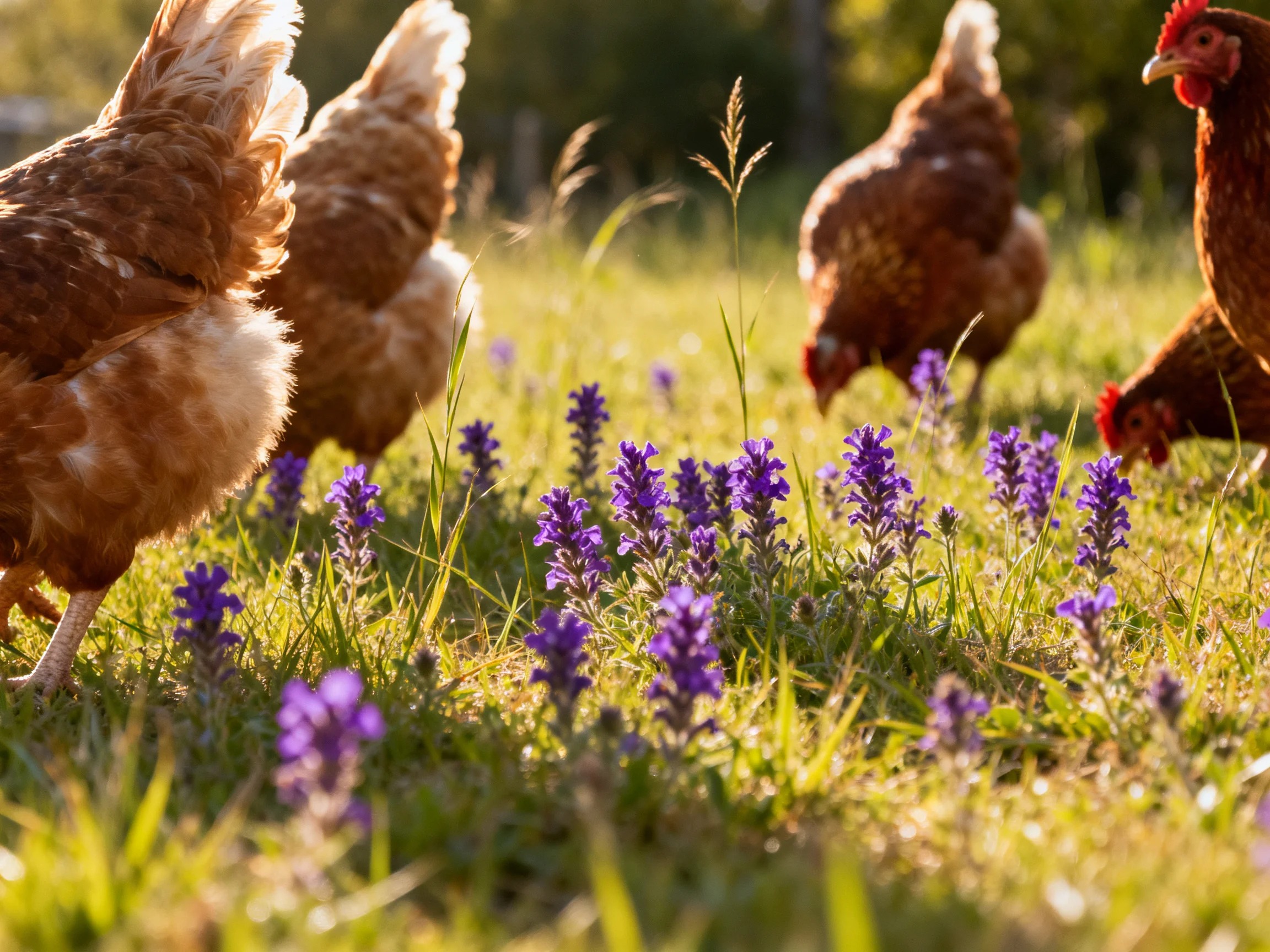 Five brown chickens forage amid vibrant purple wildflowers in sunlit grass