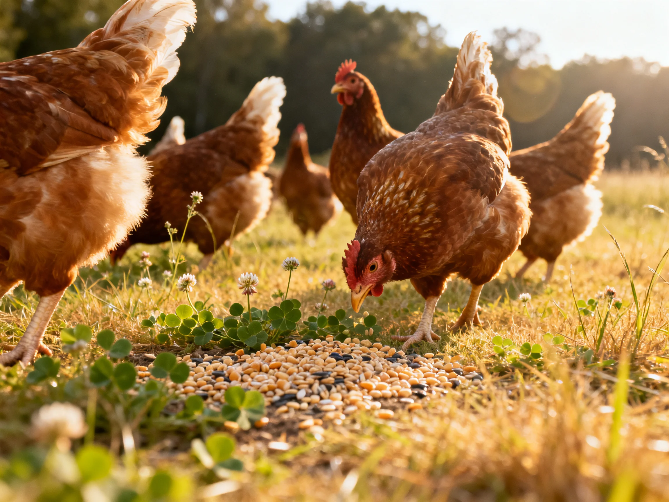 Five brown chickens pecking seeds in a sunlit field