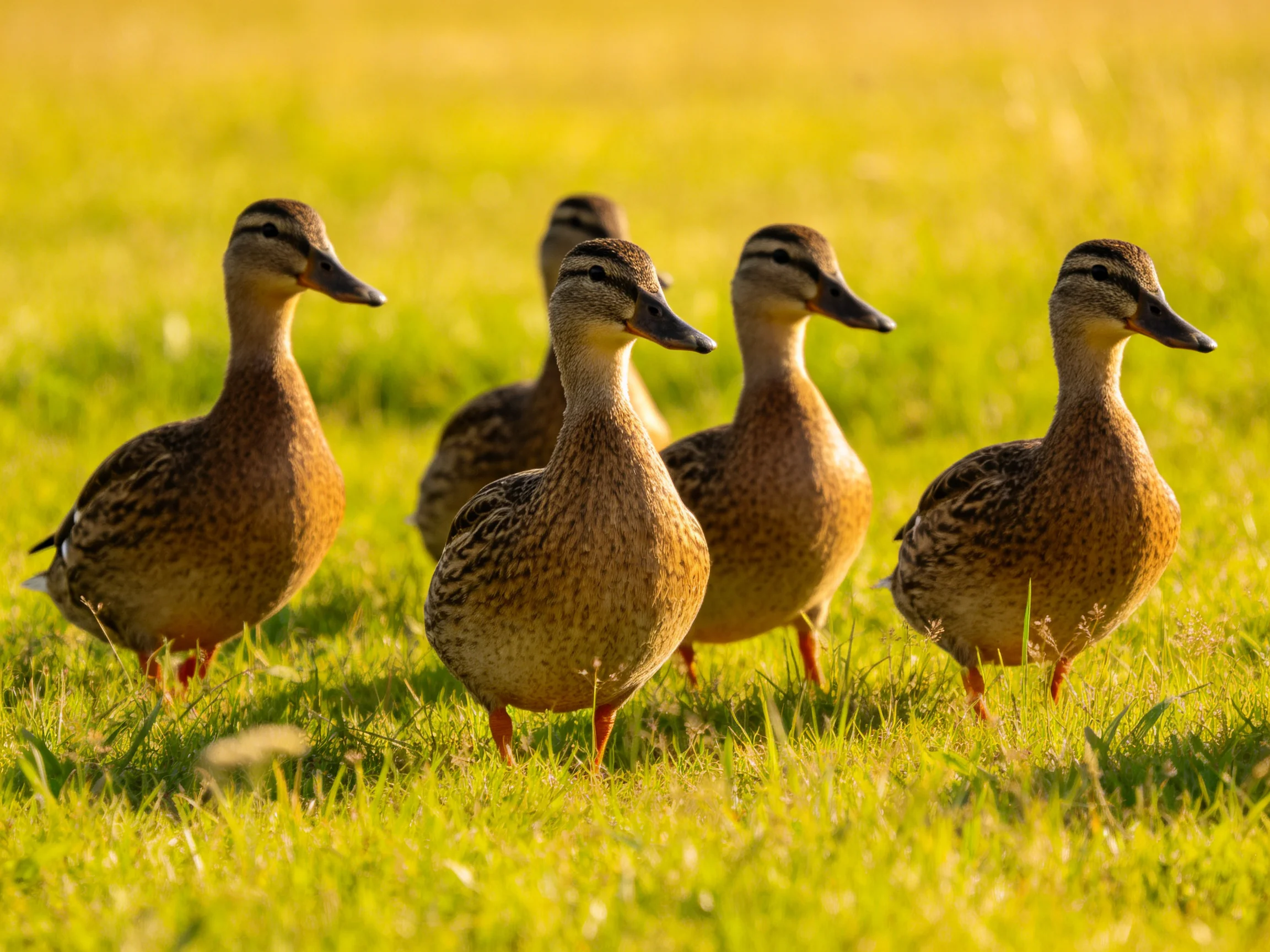 Five brown ducks standing together on a bright green meadow