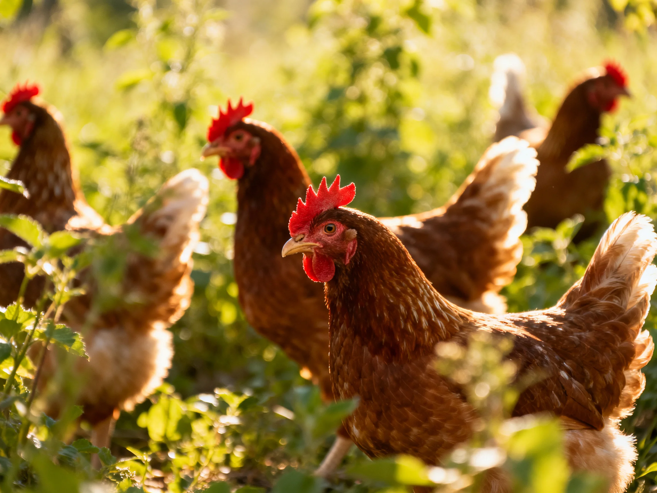Five brown hens foraging amid lush green vegetation with bright red combs