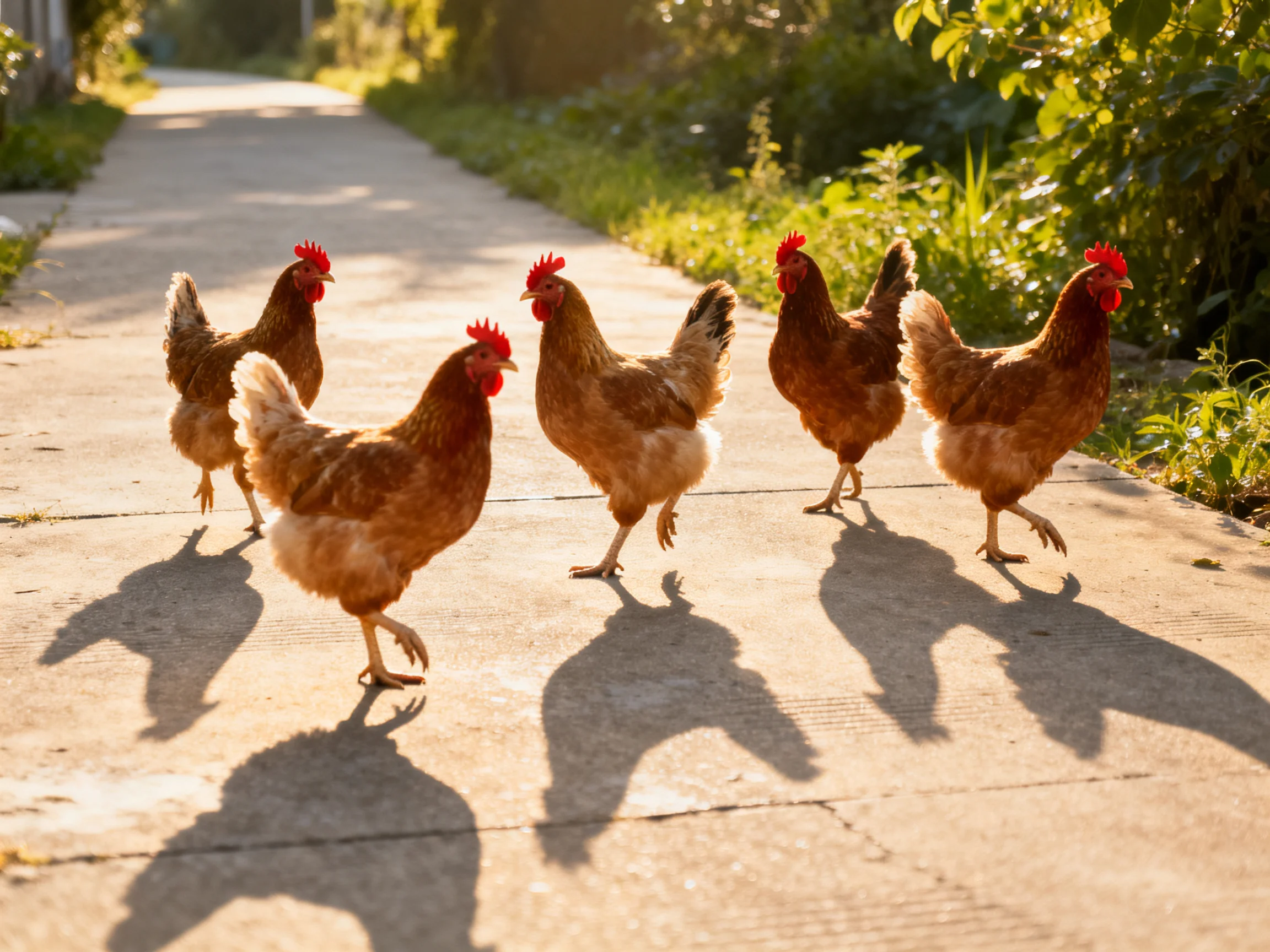 Five brown hens walk along a sunlit concrete path