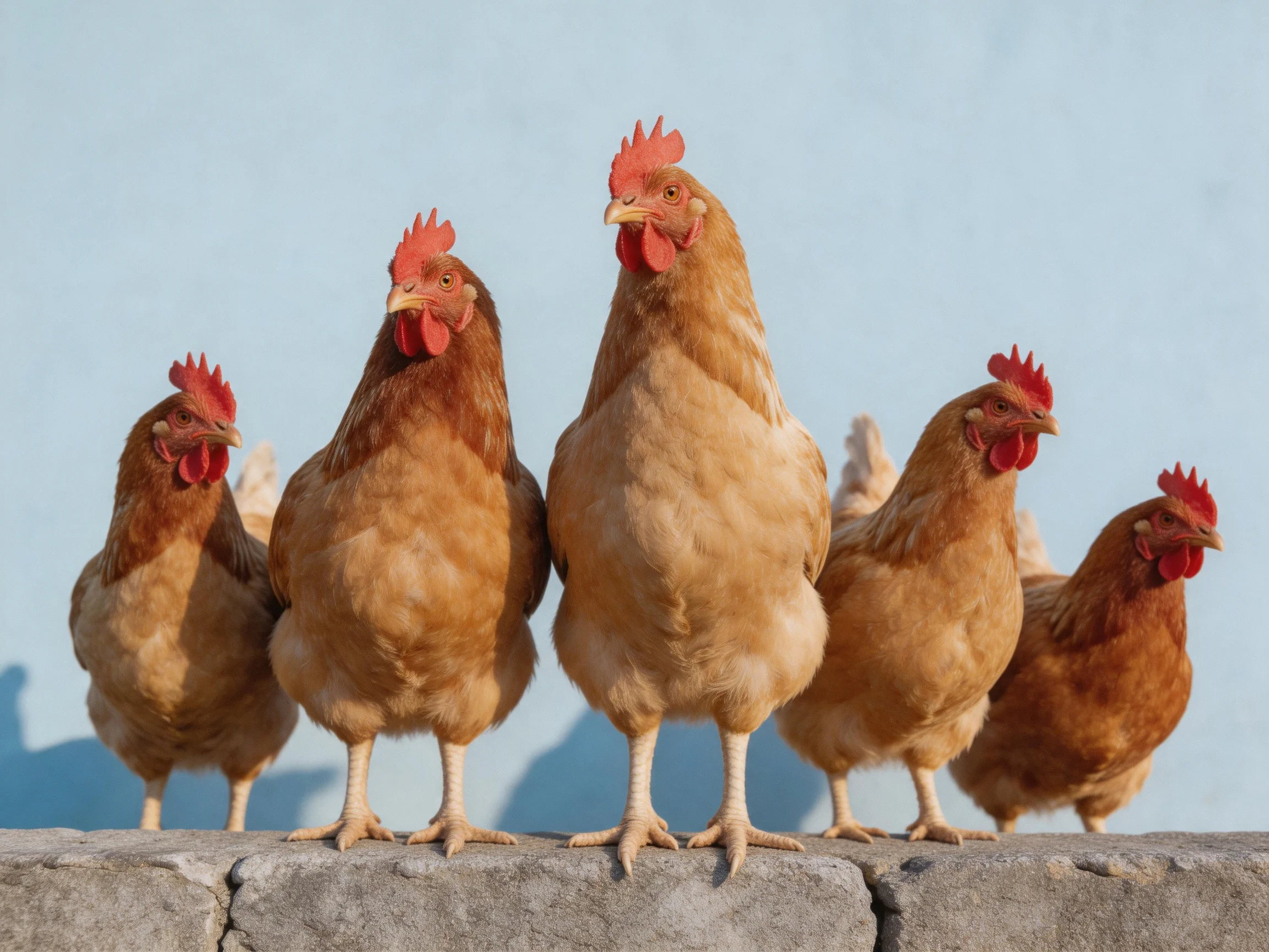 Five brown hens with red combs perched on a stone ledge
