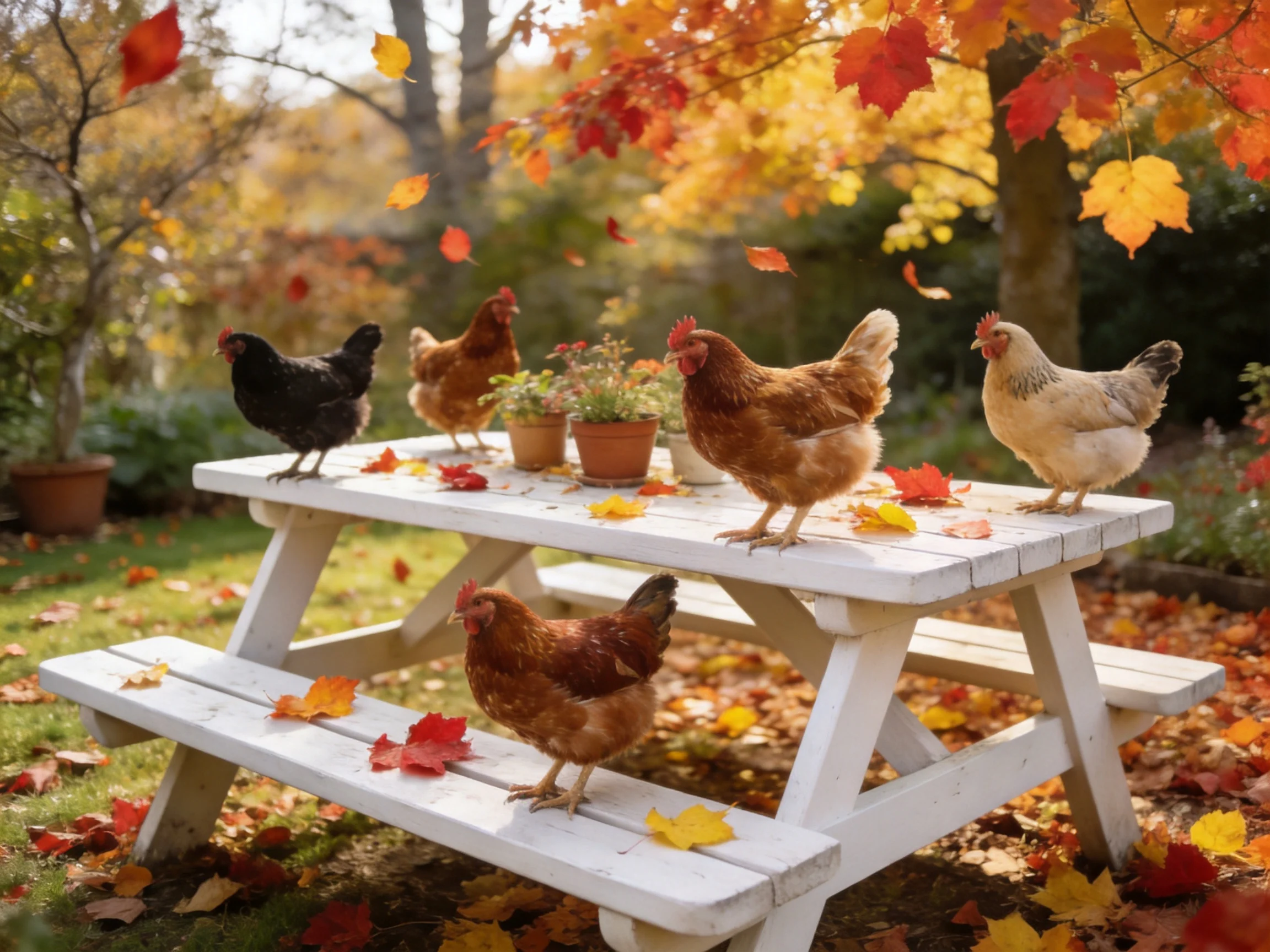 Five chickens explore a white picnic table amid colorful autumn leaves