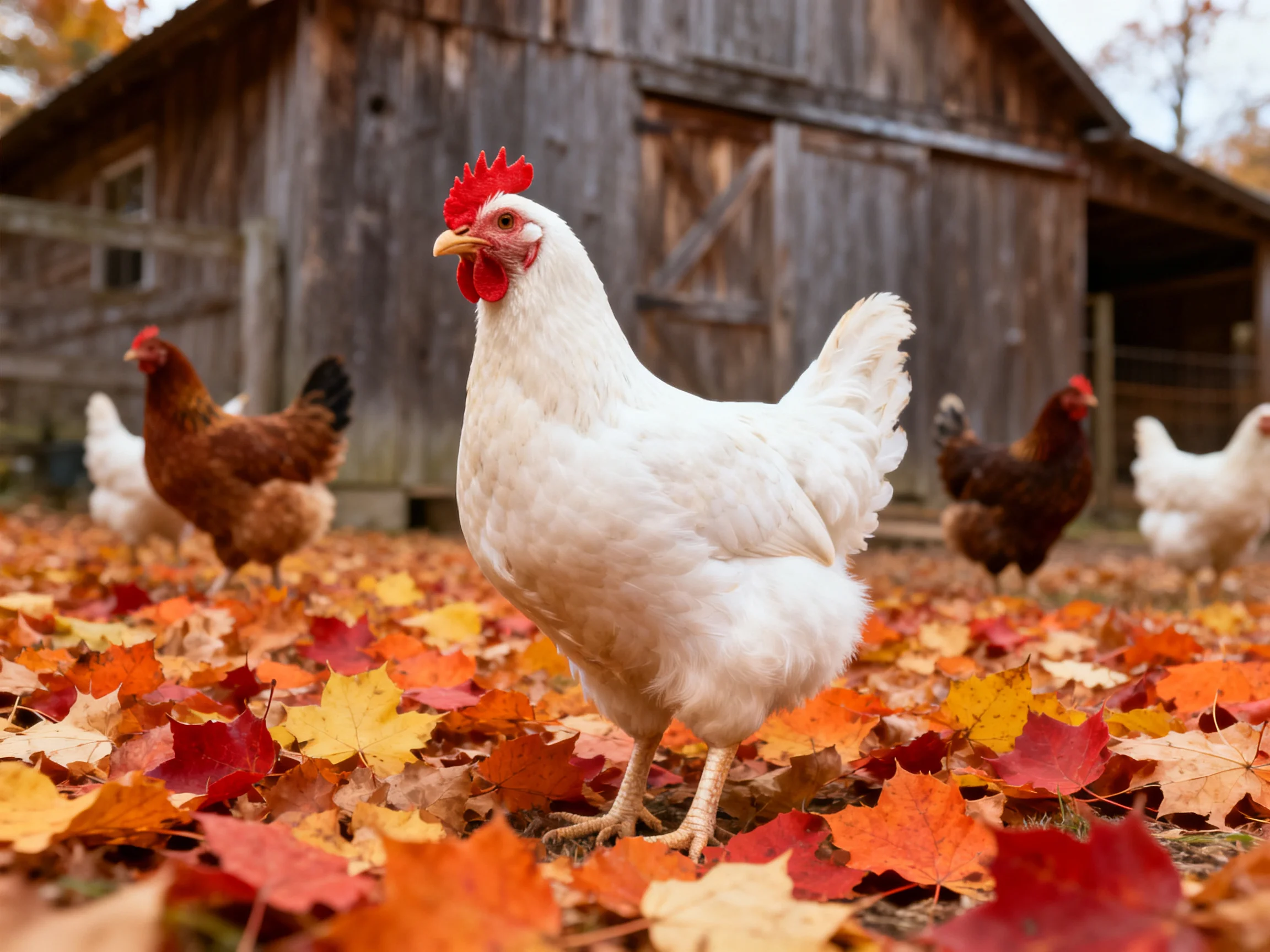 Five chickens explore vibrant autumn leaves near an aged wooden barn