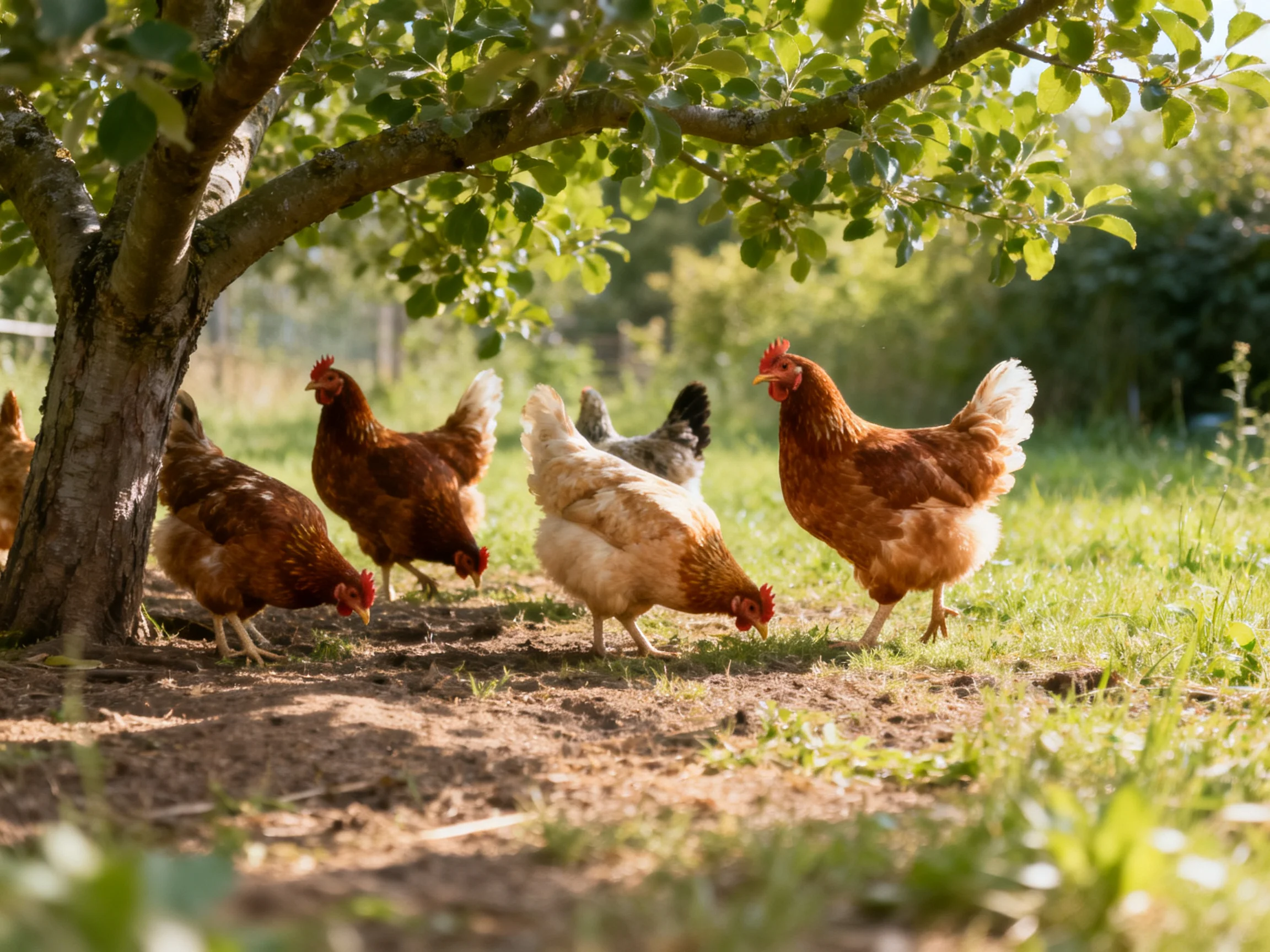 Five chickens foraging near a large tree with green foliage