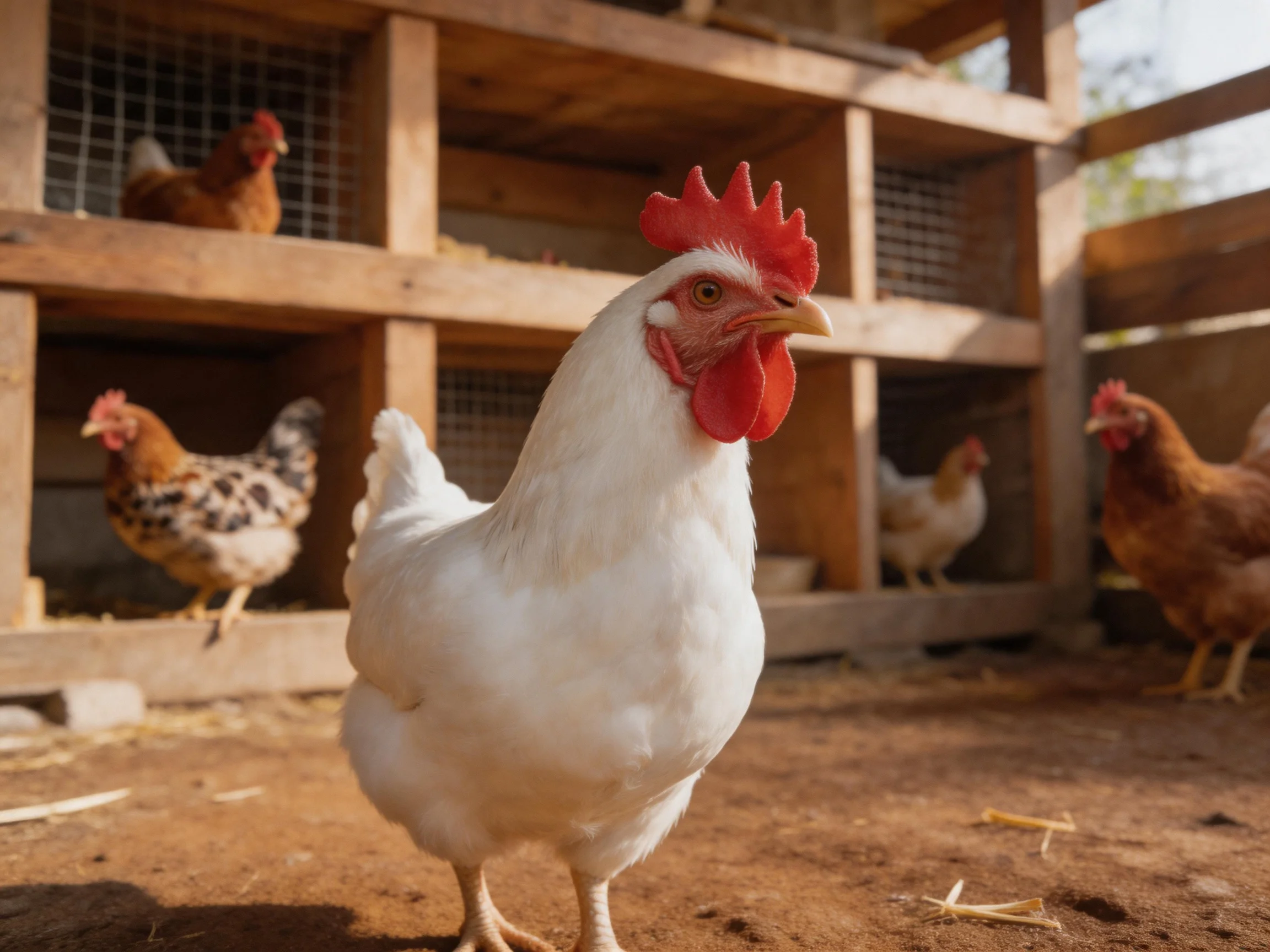 Five chickens in a wooden coop with a prominent white rooster