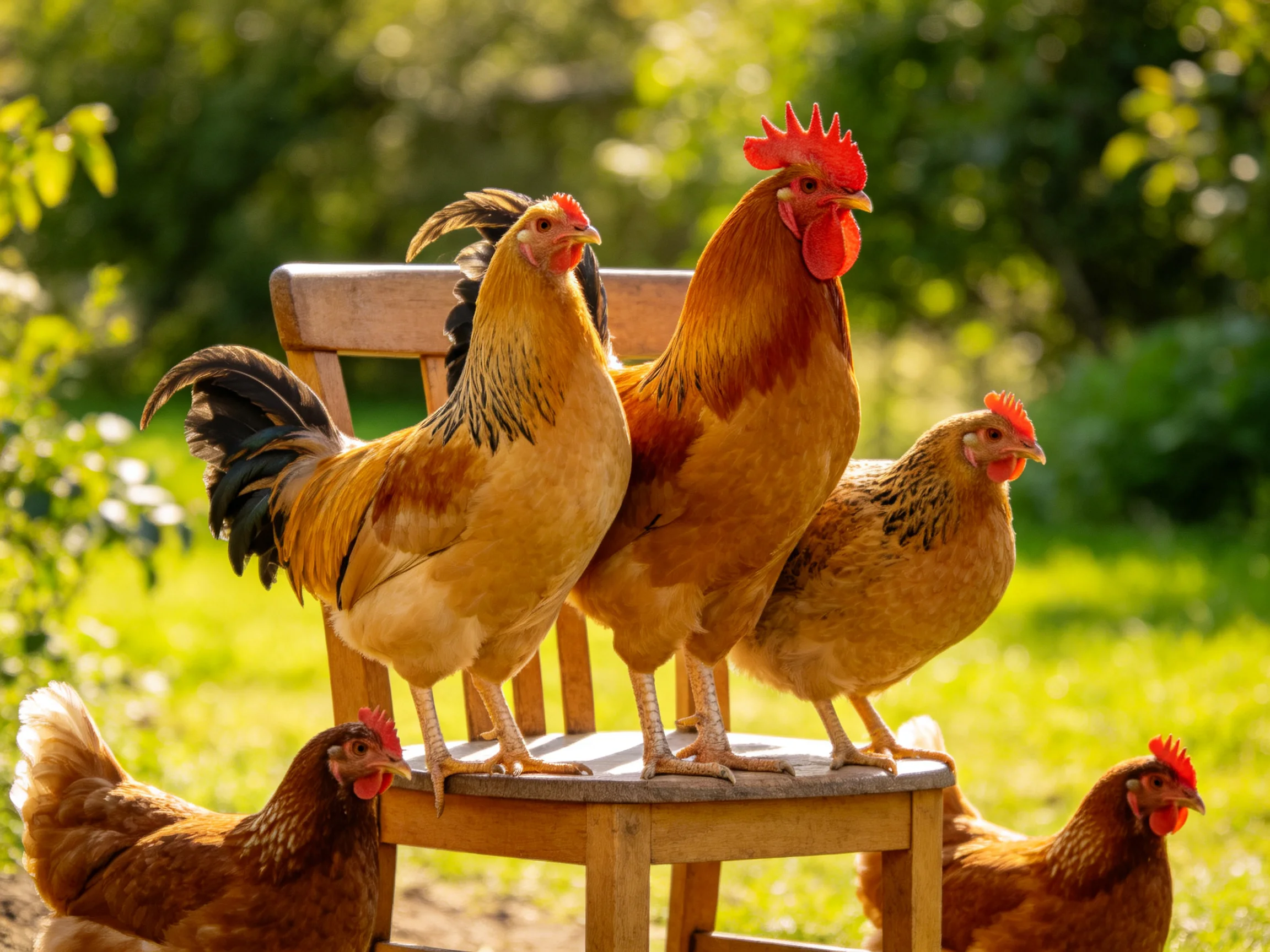 Five chickens, including roosters and hens, gather on a wooden chair in a sunlit garden
