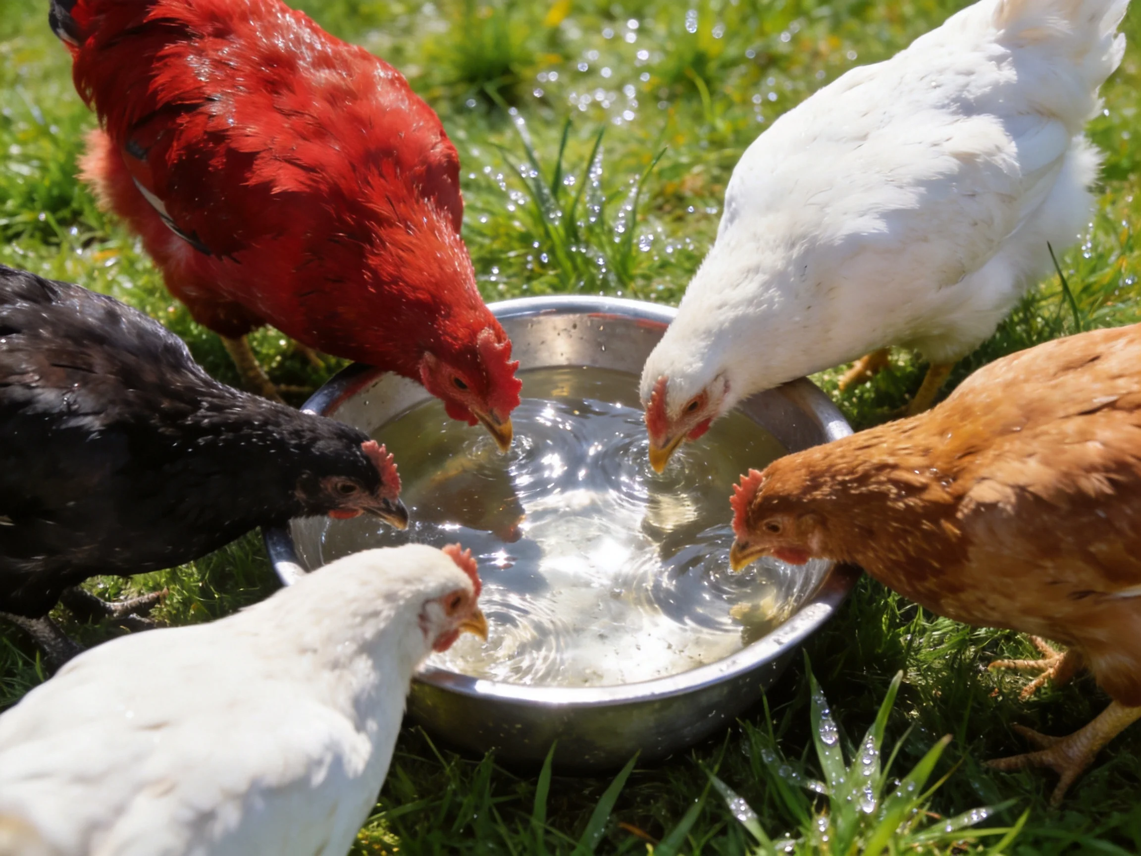Five chickens of diverse colors drink from a metal water bowl on grass