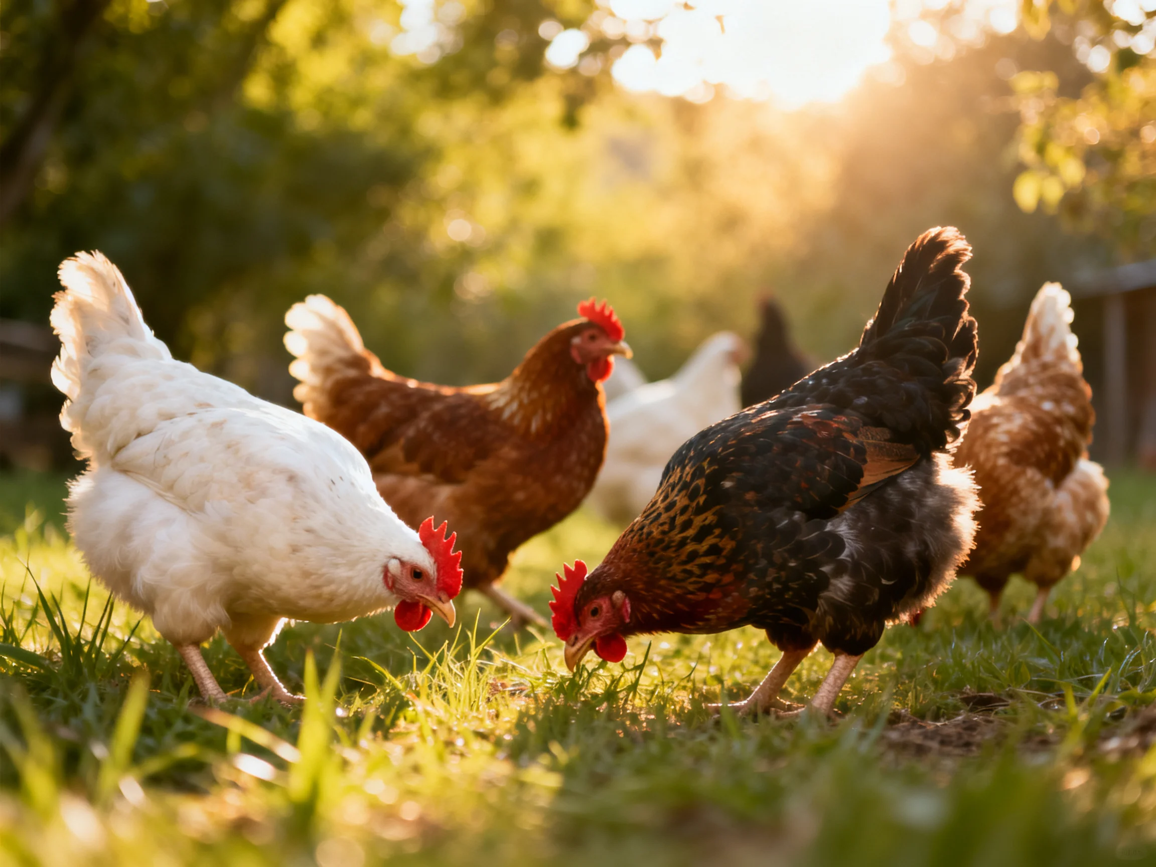 Five chickens of diverse colors pecking at grass in a sunlit outdoor setting