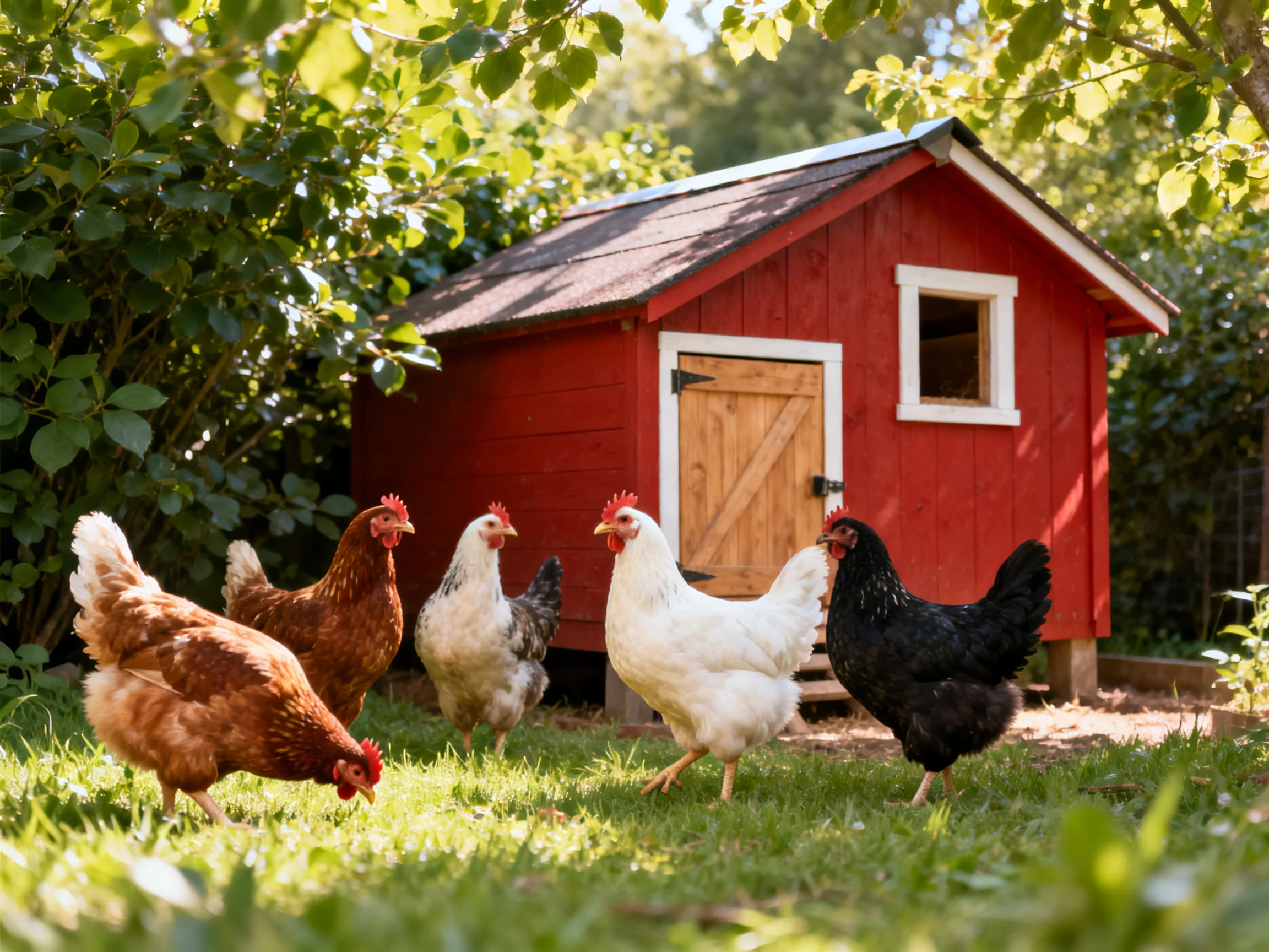 Five chickens of various colors gather near a bright red wooden coop
