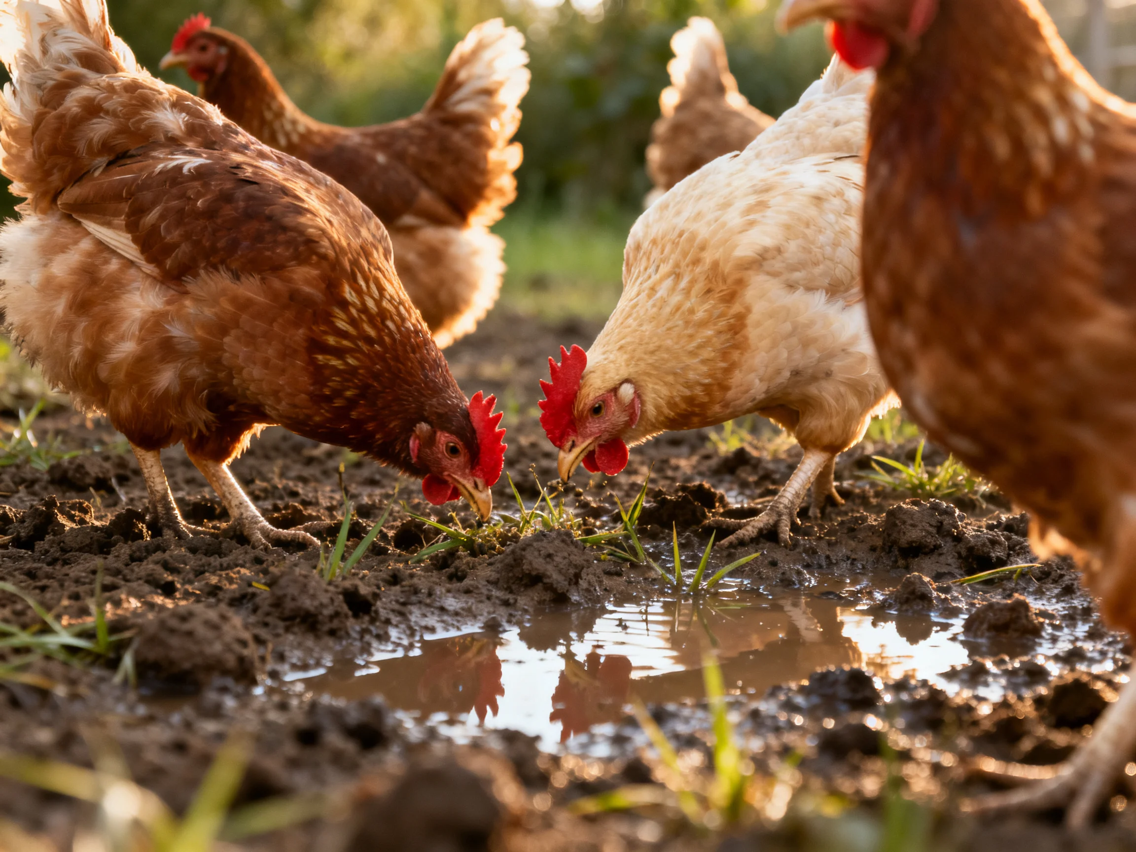 Five chickens pecking near a muddy puddle with green surroundings
