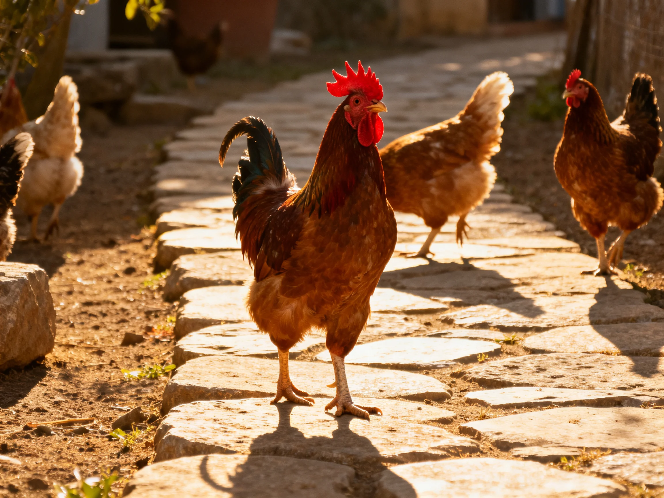Five chickens roam a sunlit cobblestone path with earthy brown feathers