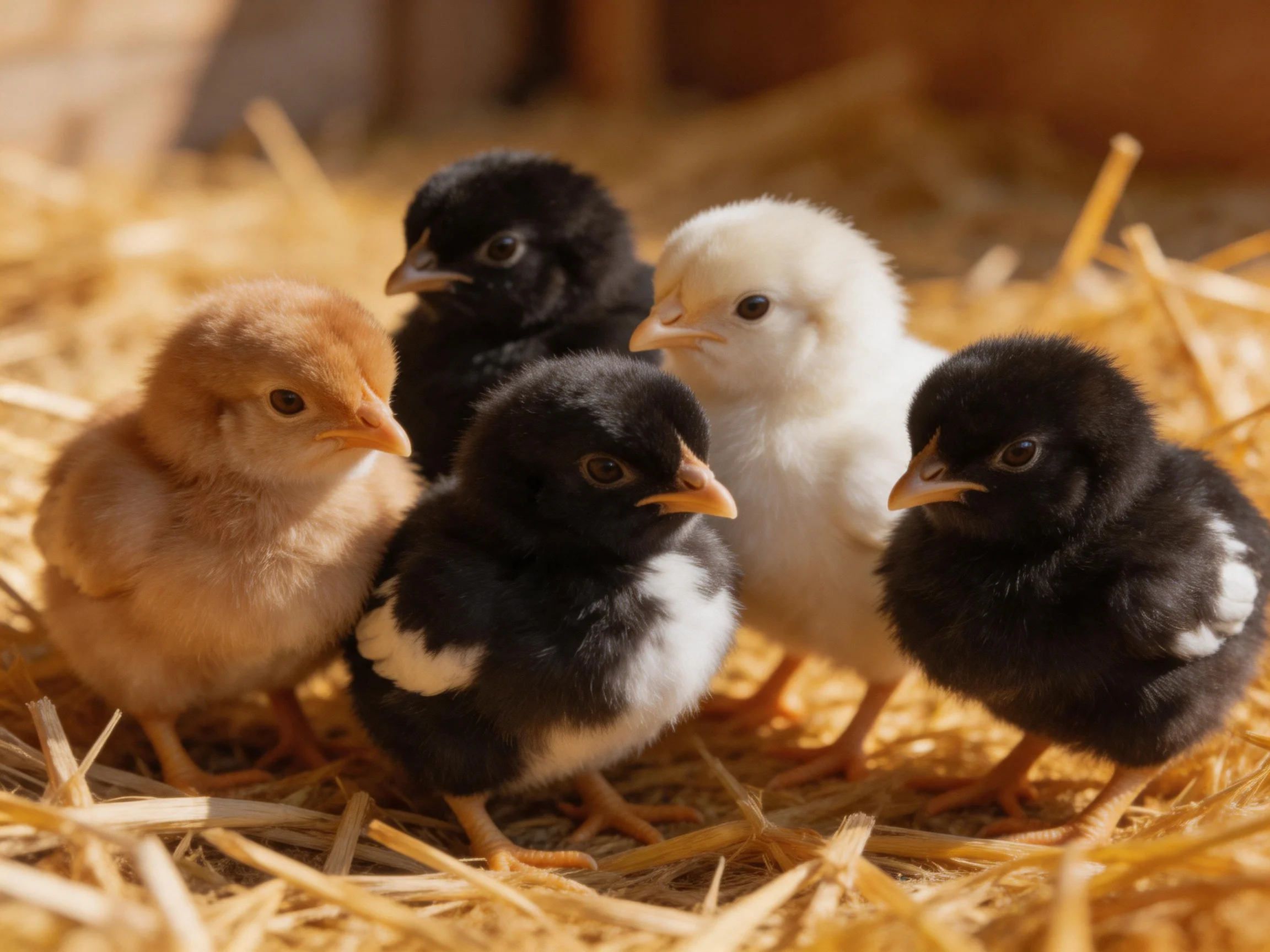 Five colorful baby chicks gathered on golden straw bedding