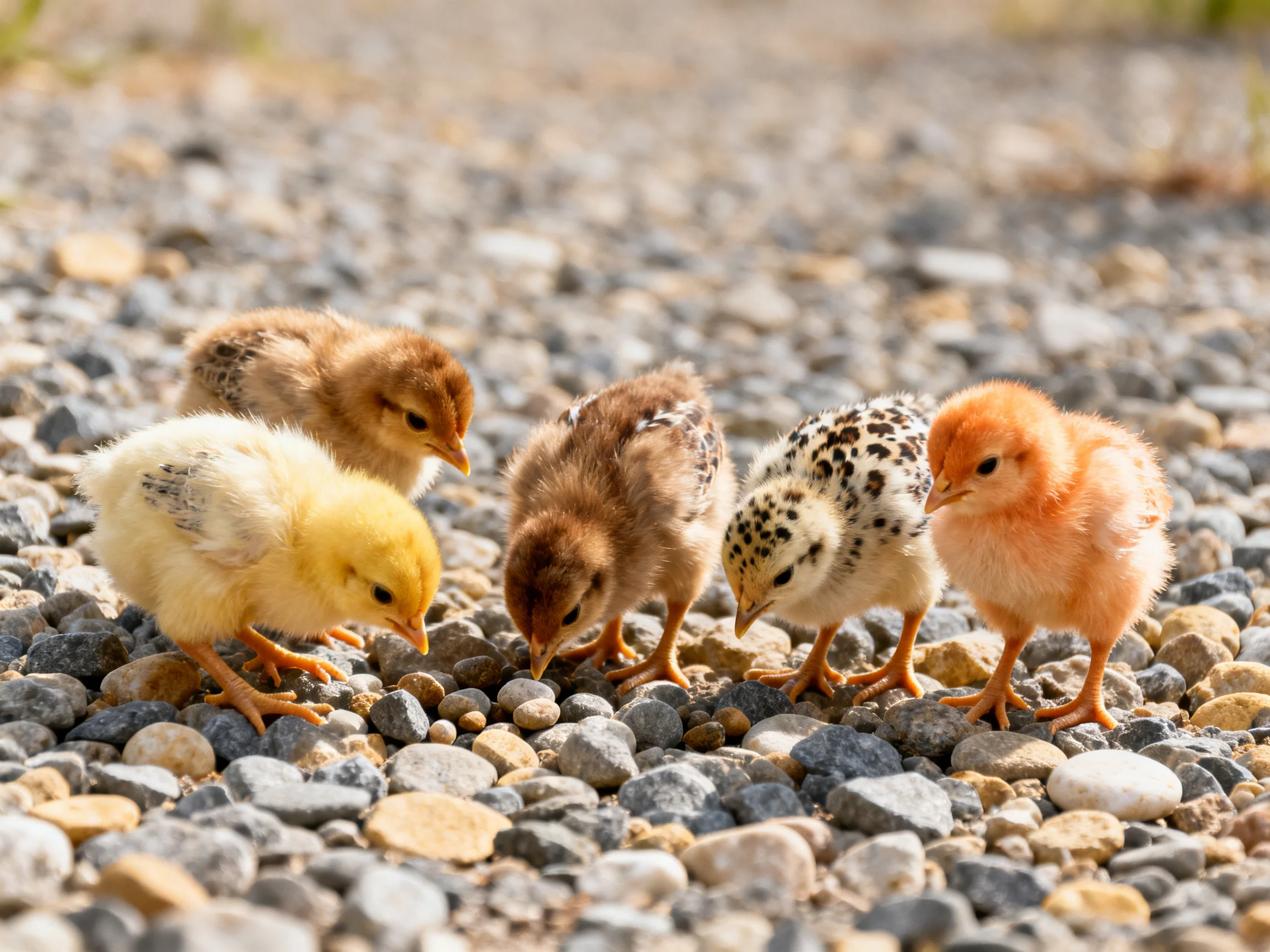 Five colorful chicks exploring pebbly terrain outdoors