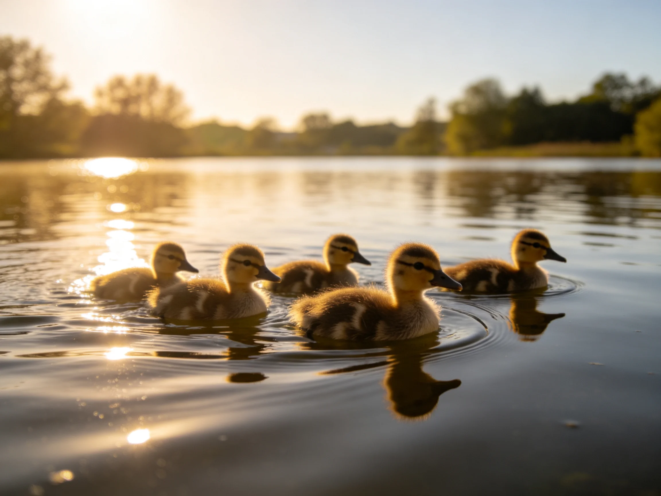 Five ducklings swim in a golden-lit lake with distant trees