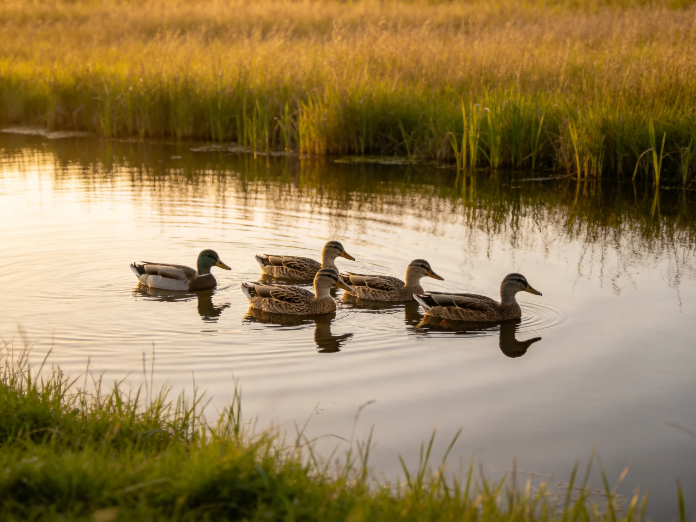 Five ducks glide through calm water near golden marsh grasses