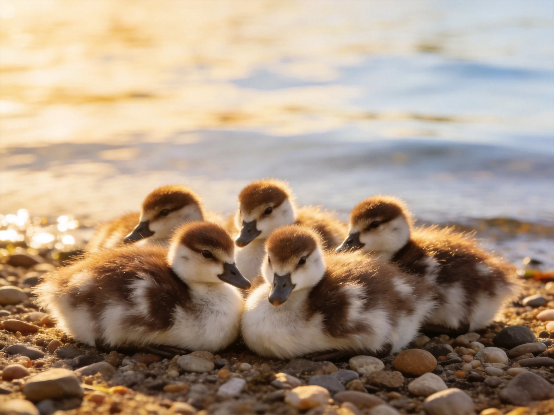 Five young ducks huddle together on a rocky shore near a body of water.