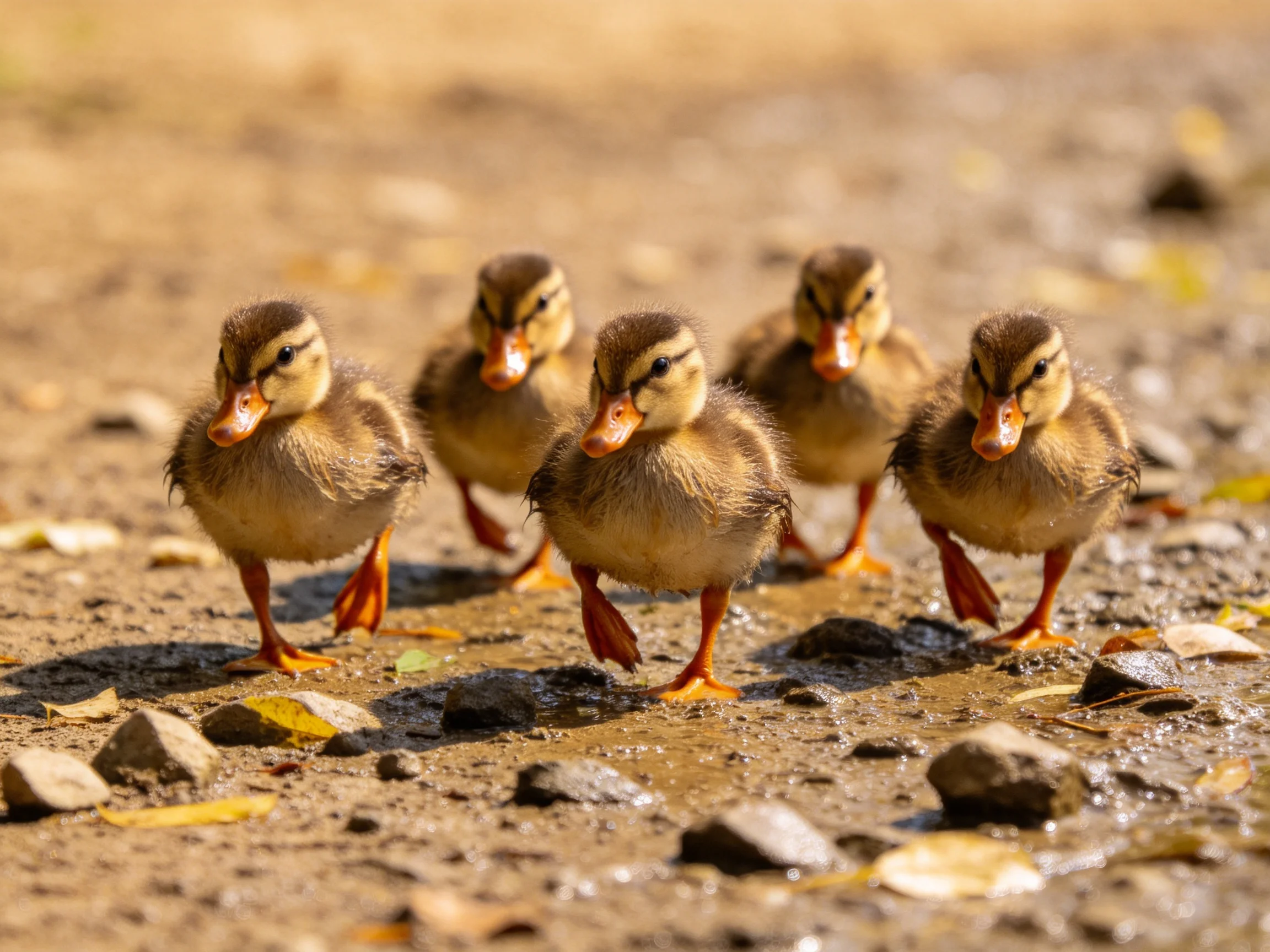 Five fluffy brown ducklings march across a rocky, muddy terrain with scattered leaves.