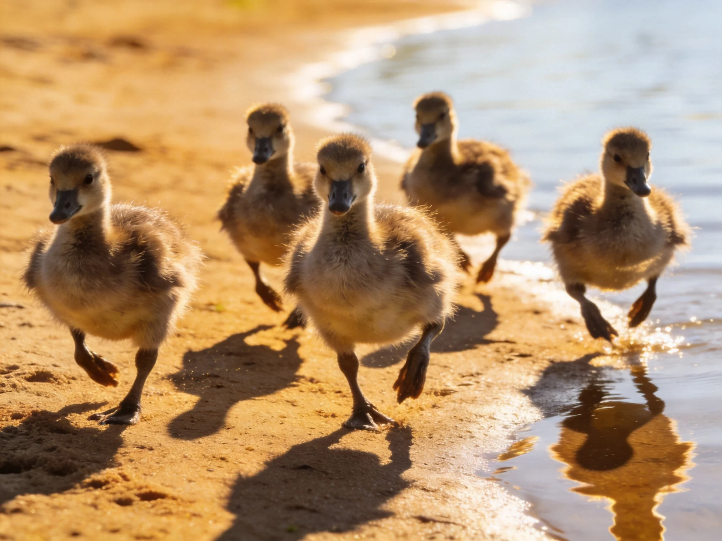 Five fluffy brown ducklings run along a sunlit sandy shoreline.