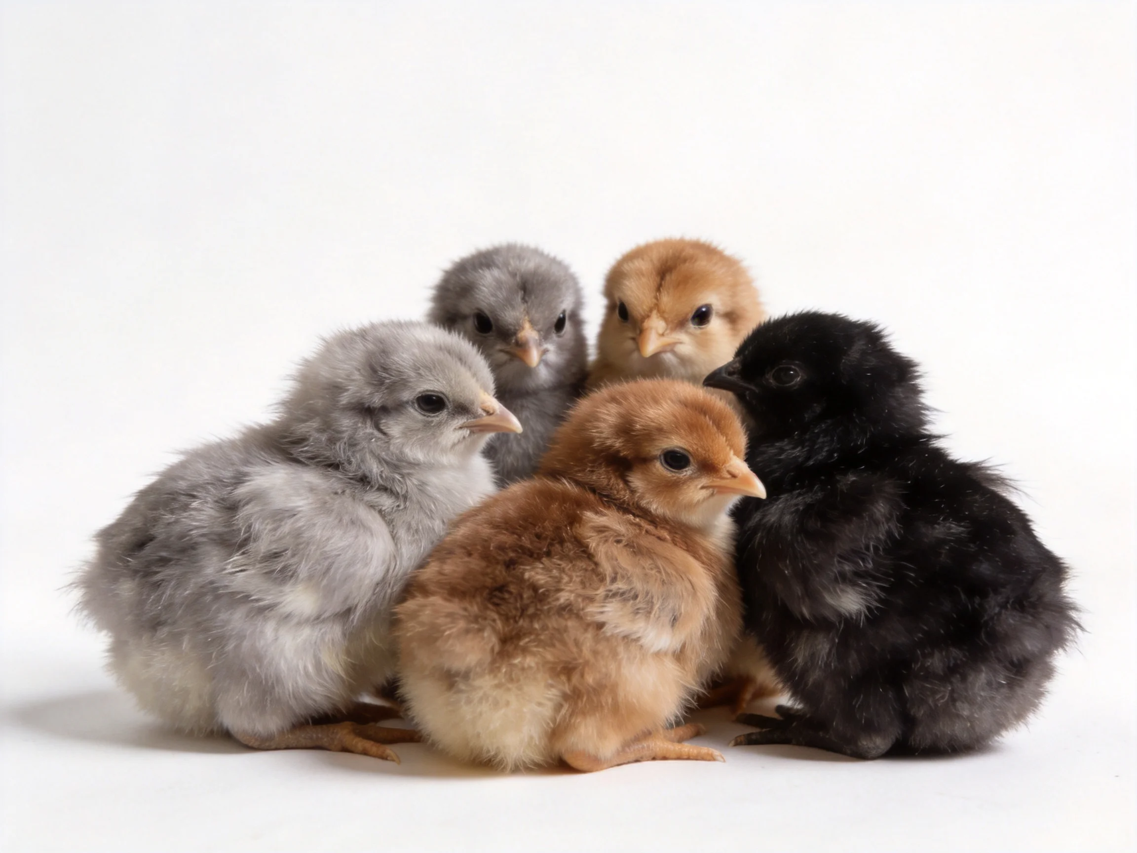 Five fluffy chicks grouped in various colors