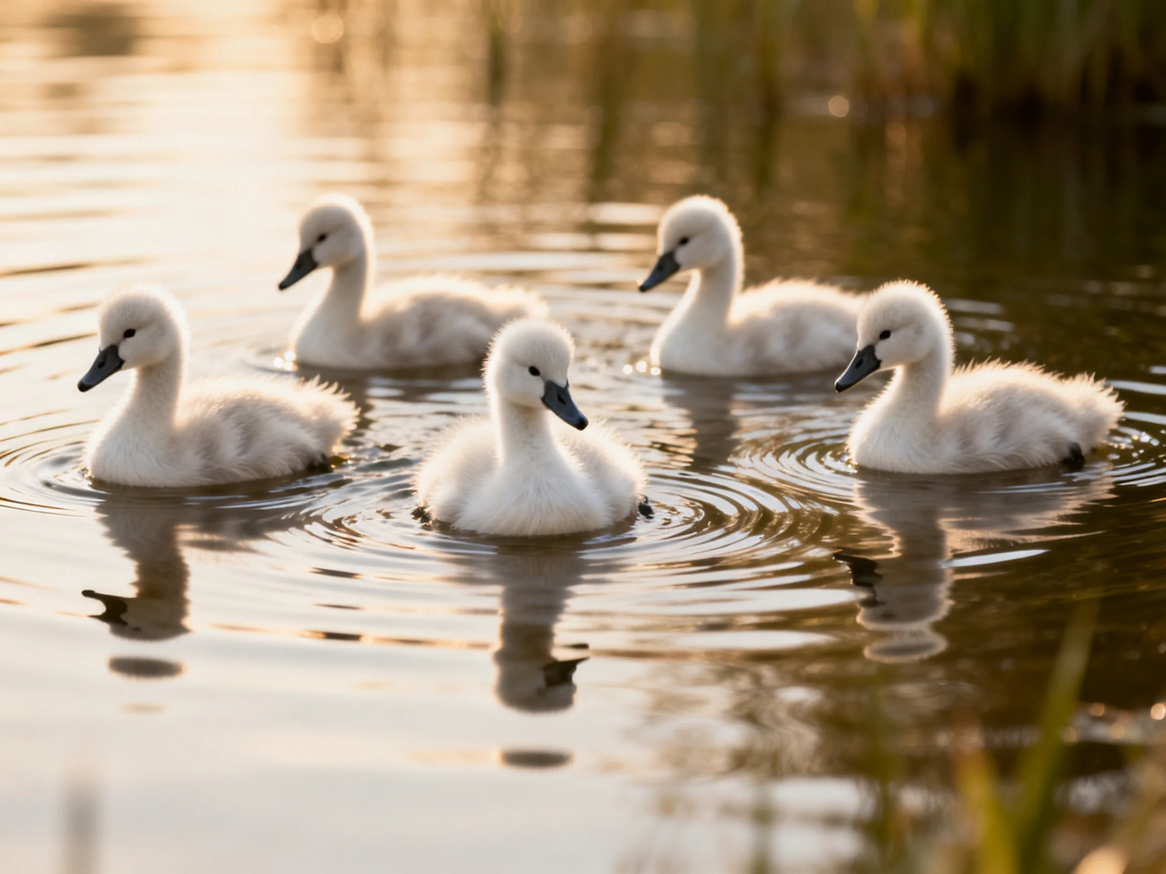Five fluffy white swan chicks swimming in calm water under warm sunlight