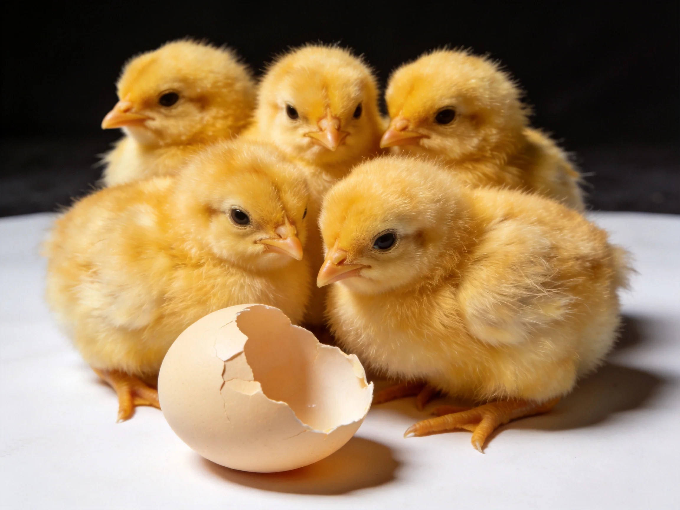 Five fluffy yellow chicks clustered around a cracked eggshell