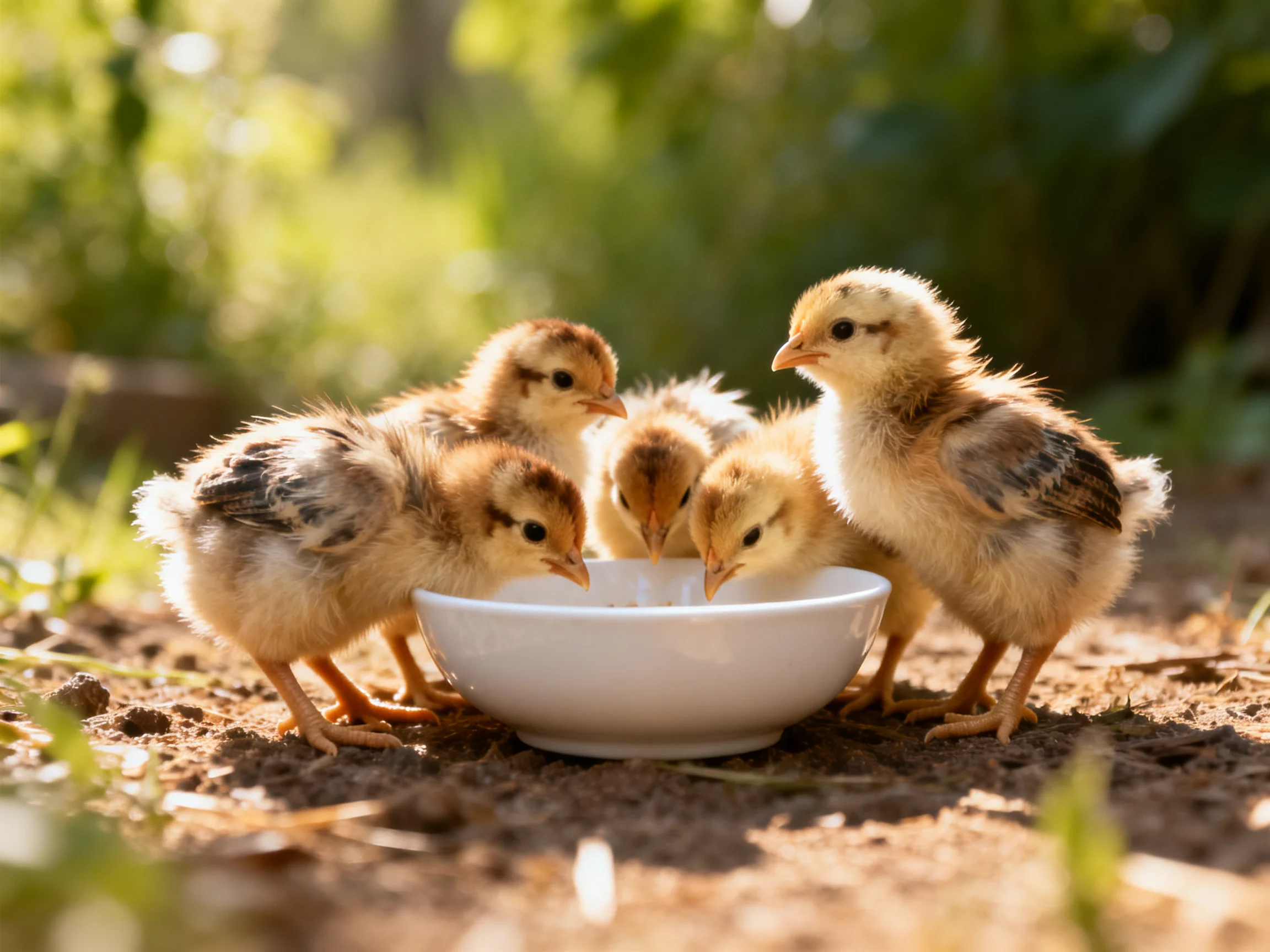 Five fluffy yellow chicks gather around a white bowl outdoors