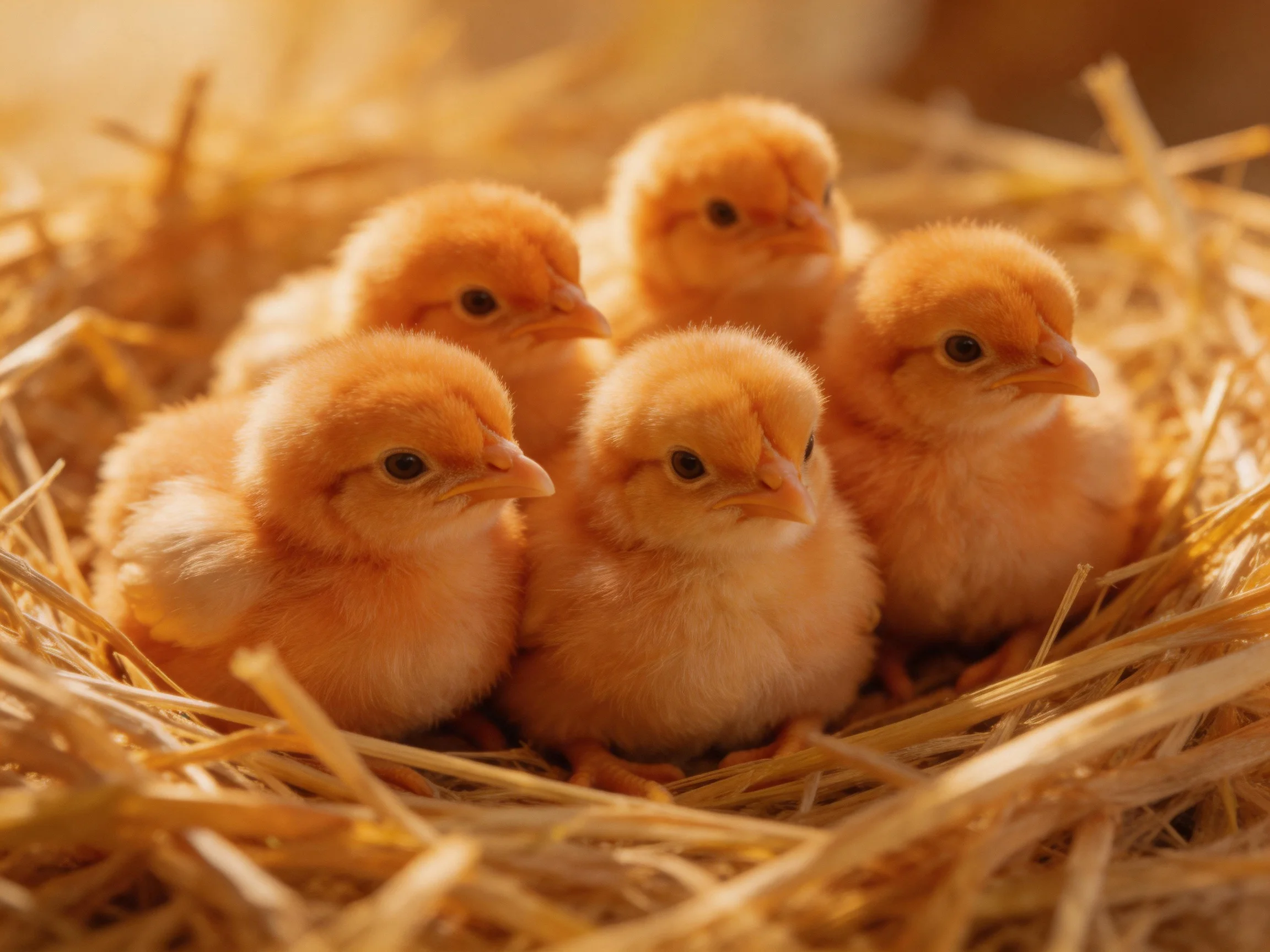 Five fluffy yellow chicks nestled in a golden straw nest