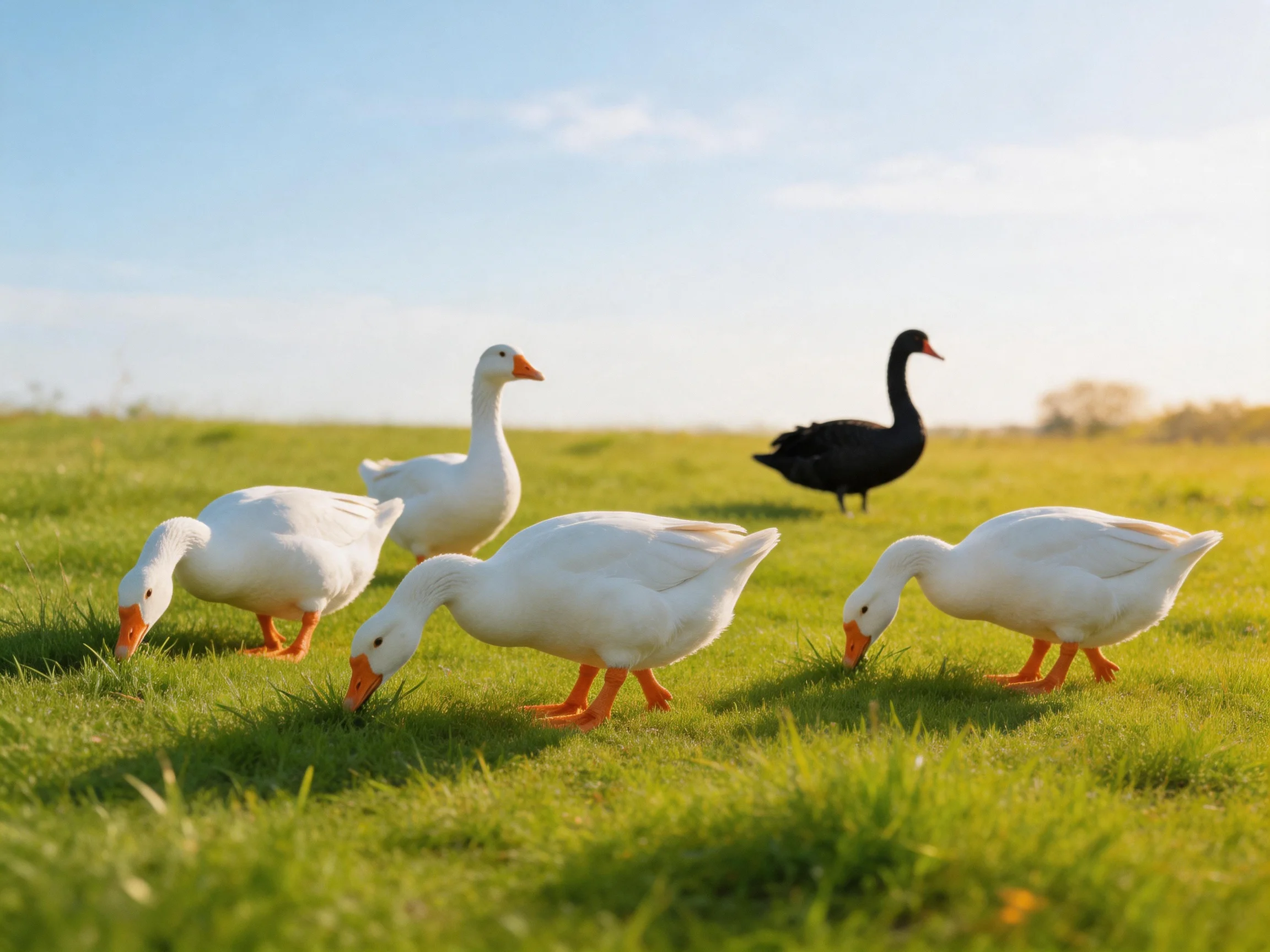 Five geese, one black, graze in a sunlit green meadow