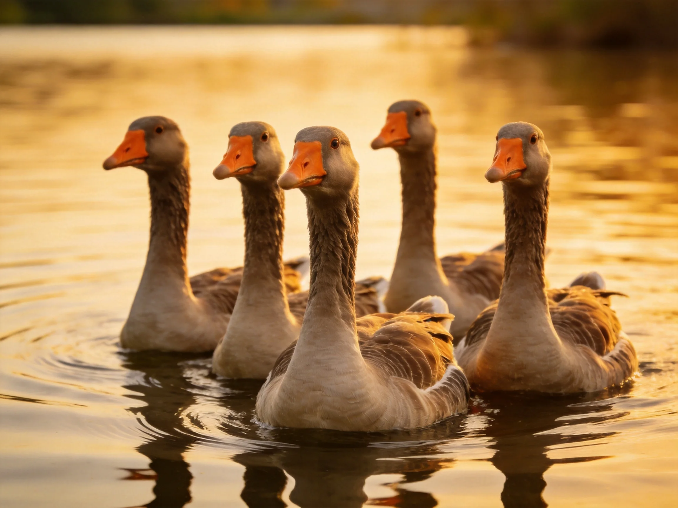 Five geese with orange beaks swim in golden water at sunset