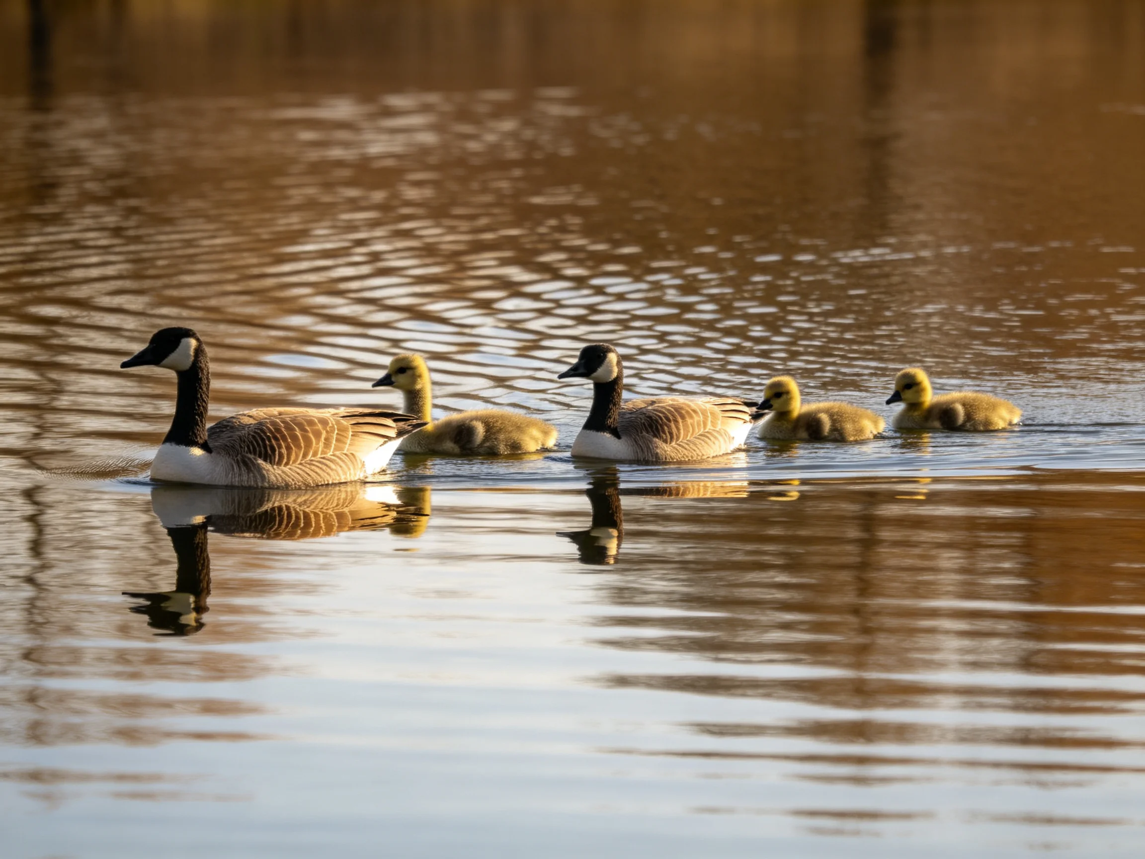 Five geese—with two adults and three goslings—swim in calm brown water