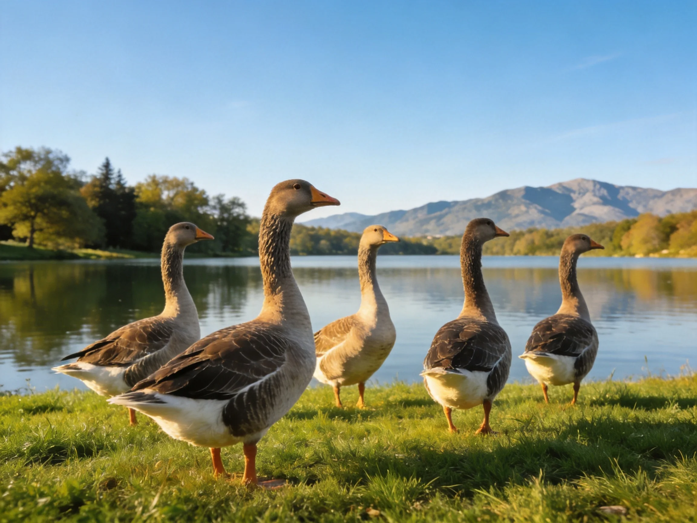 Five gray and white geese on grassy lakeshore with mountains and trees