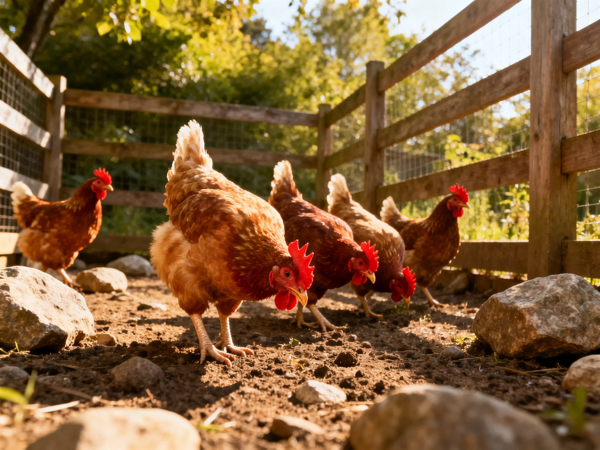 Five reddish-brown chickens foraging near a wooden fence with rocks