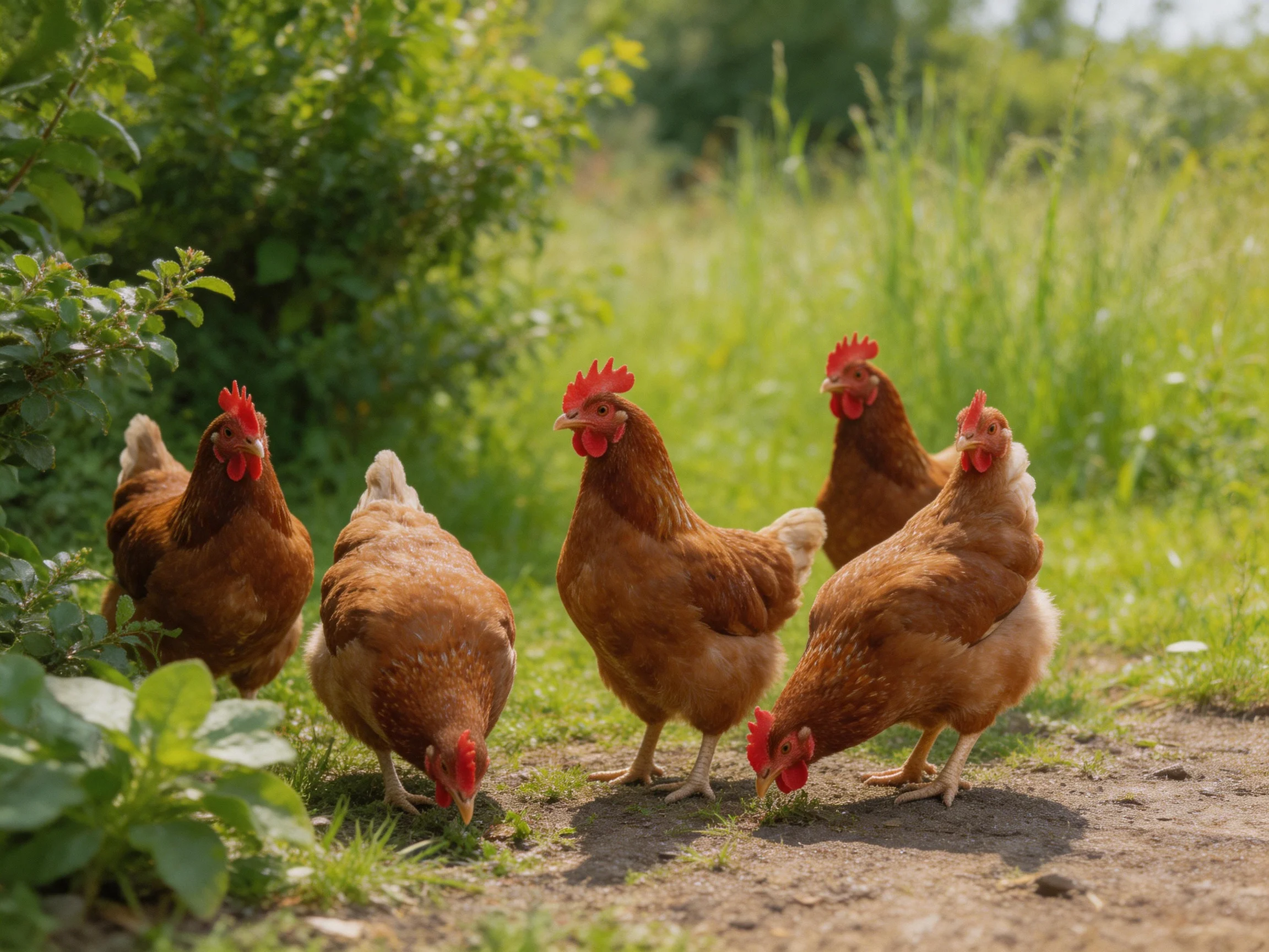 Five reddish-brown chickens foraging near lush green foliage