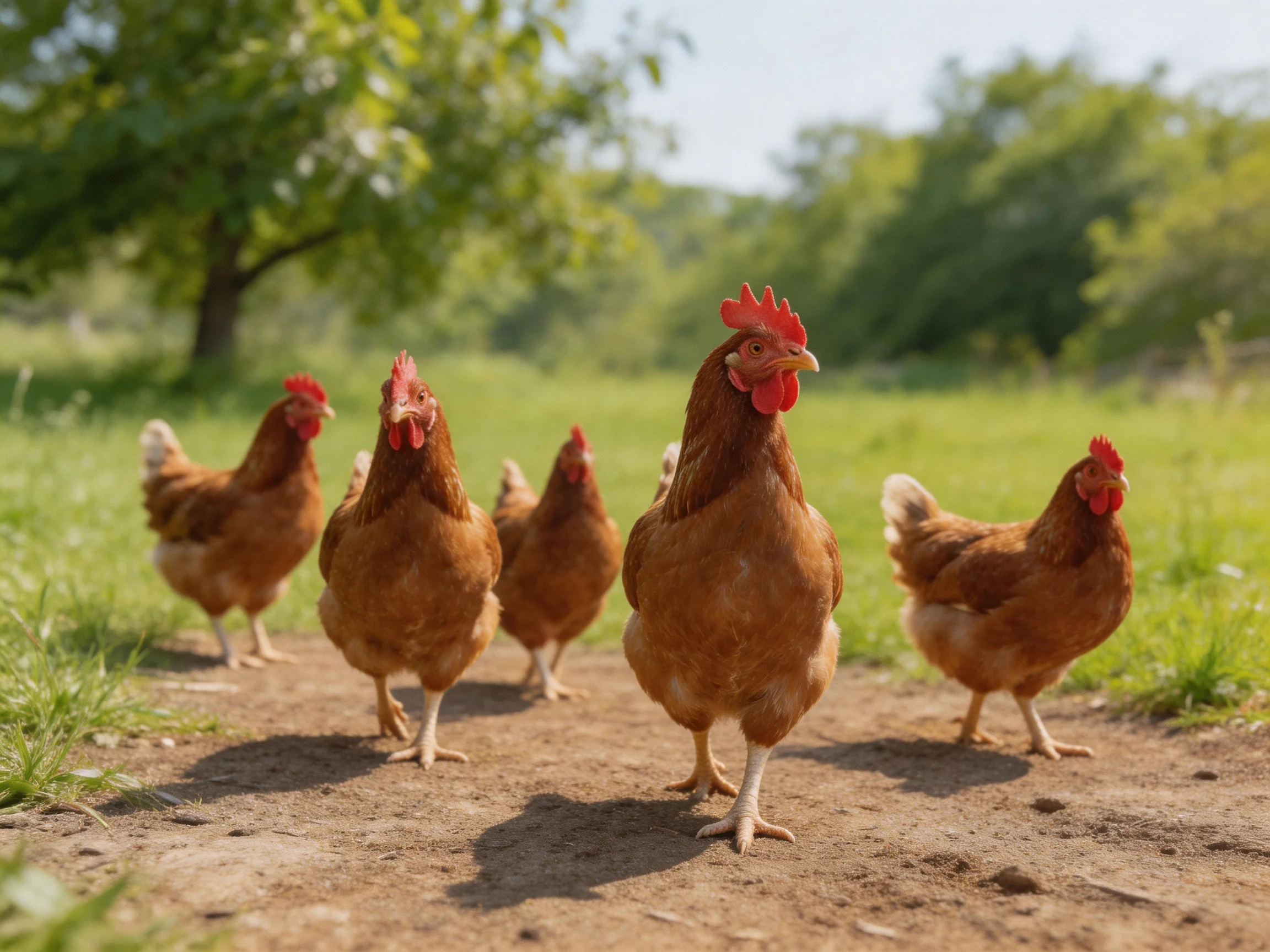 Five reddish - brown chickens stroll along a dirt path beside lush greenery