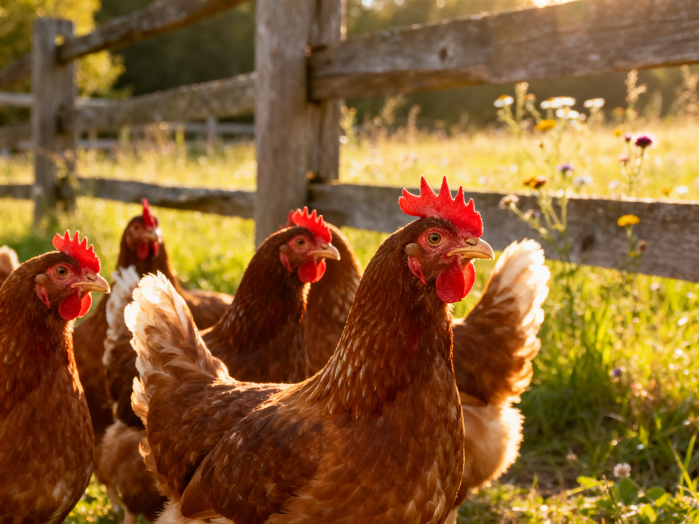 Five reddish-brown hens near a weathered wooden fence in a sunlit field