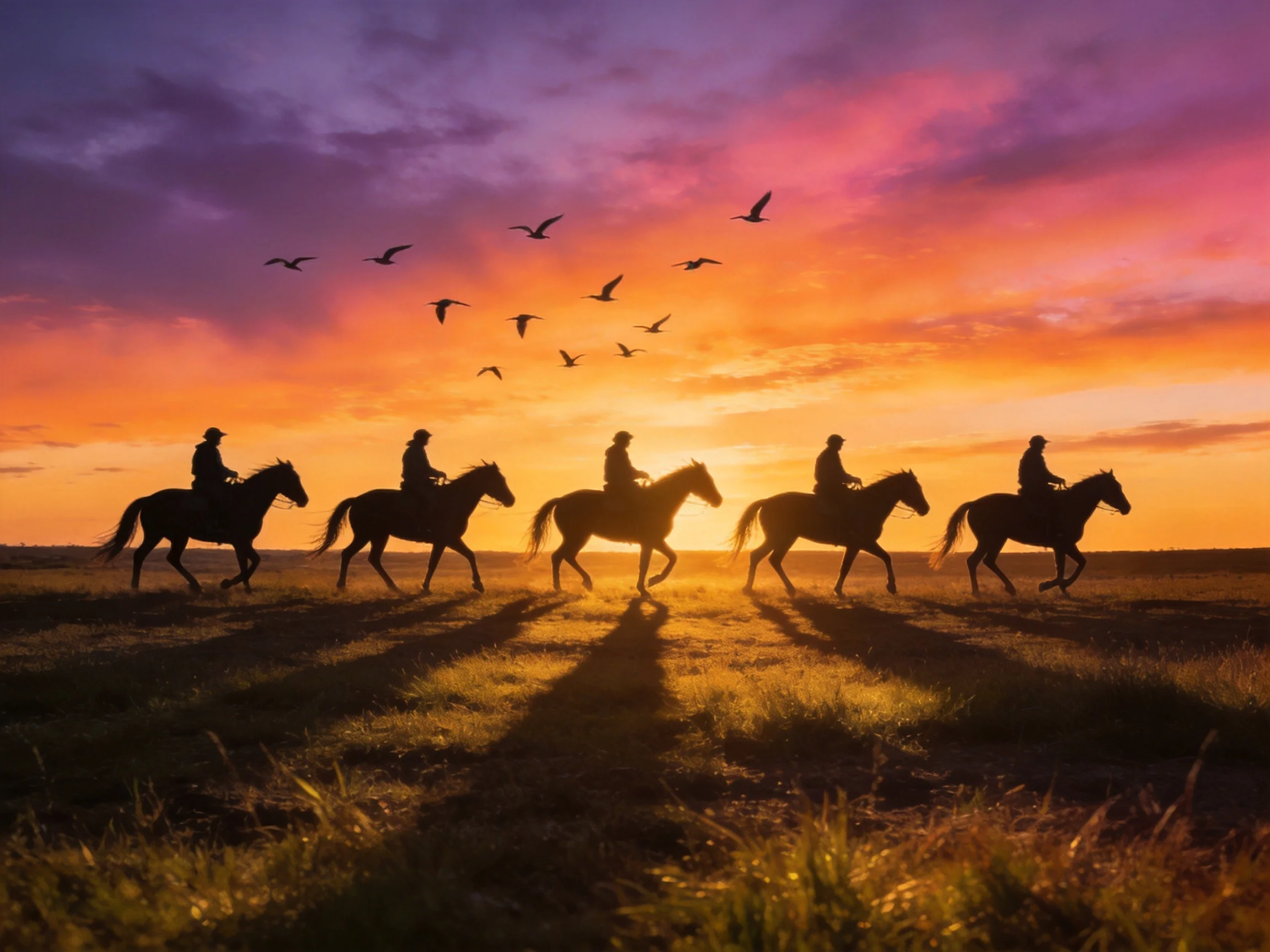 Five riders on horseback traverse open field beneath vibrant sunset sky