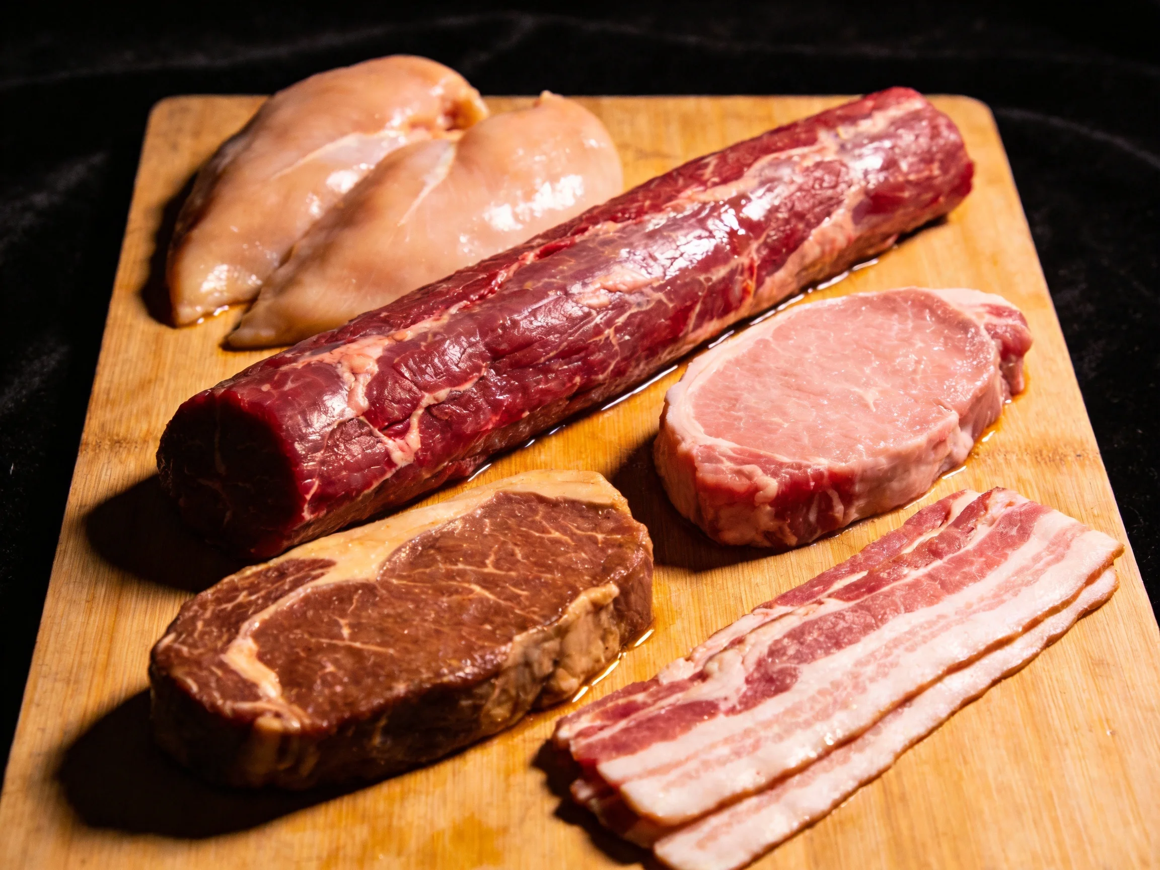 Five varieties of raw meats displayed on a wooden