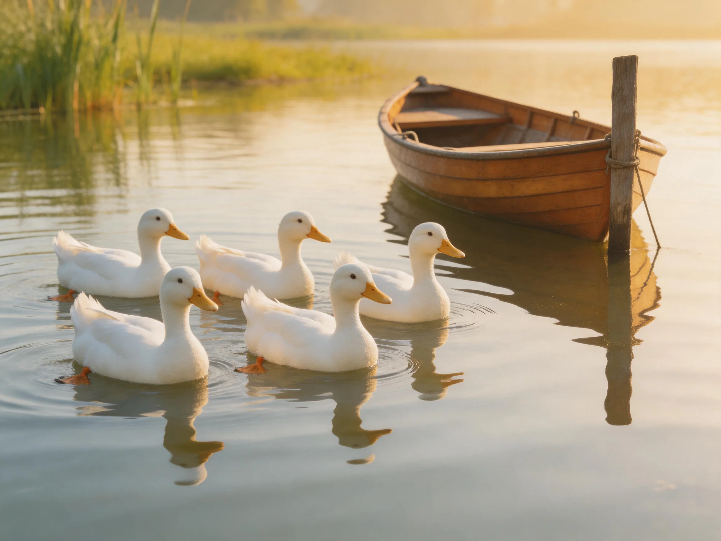 Five white ducks swim near a wooden boat on calm water